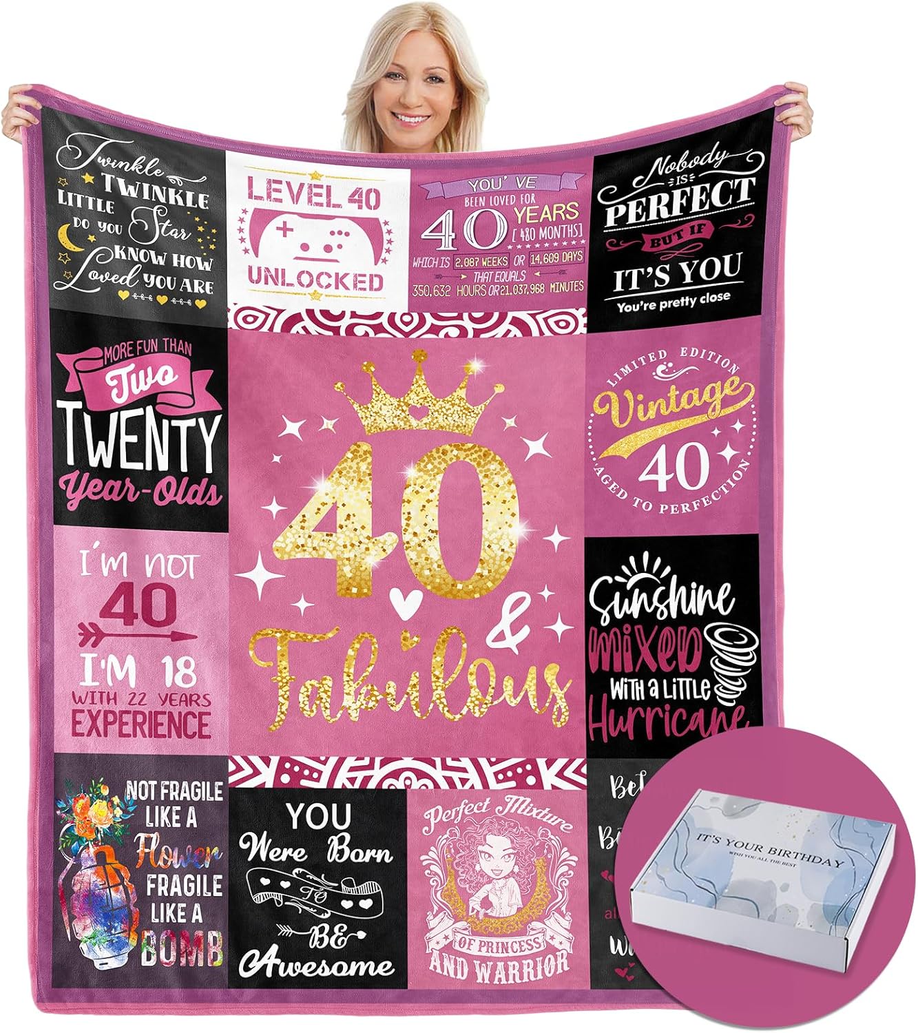 Regalos de cumpleaños de 40 años para mujeres, manta de regalo de cumpleaños 40 con caja de regalo, regalos de cumpleaños 40 para mujeres, regalos