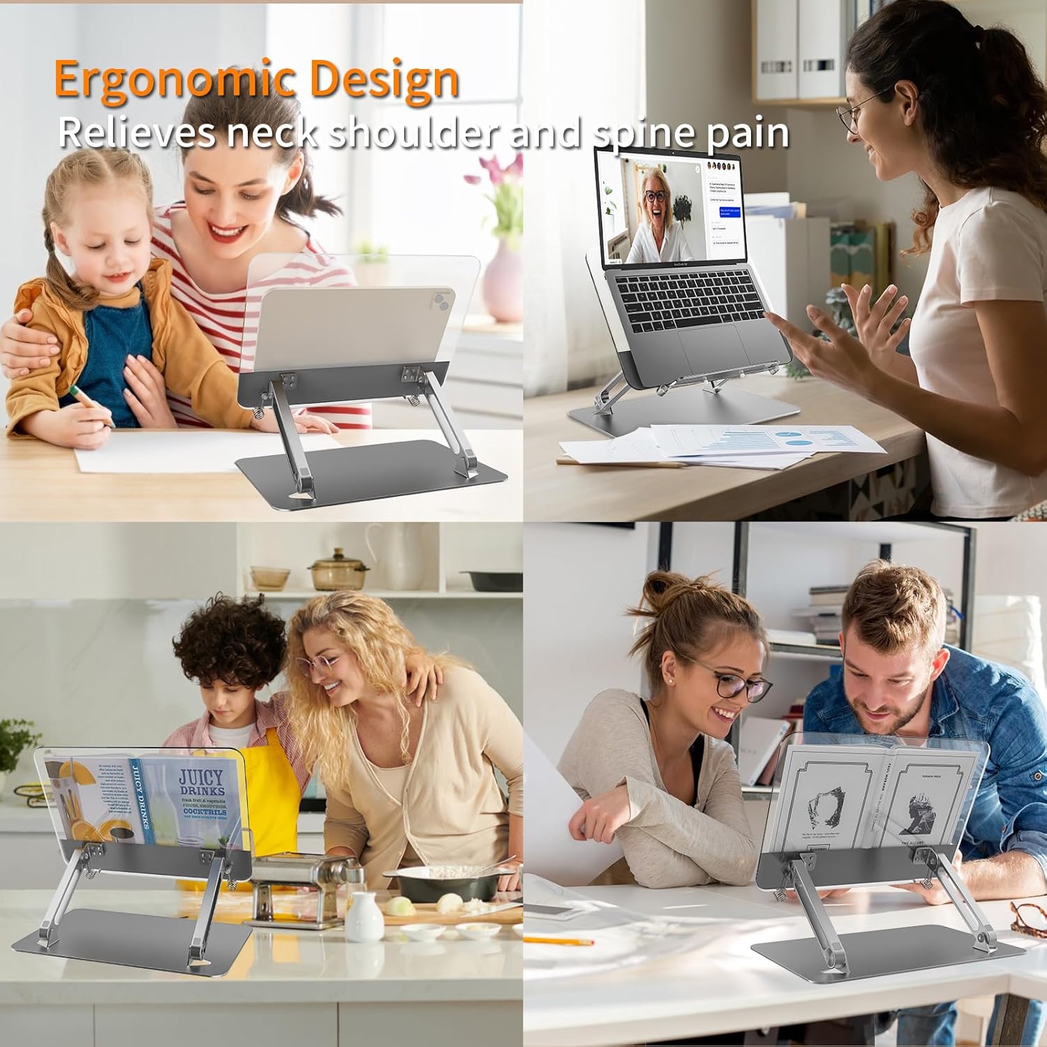 Soporte de acrílico para lectura, soporte ajustable de aluminio con múltiples ángulos y alturas, soporte ajustable para libros y clips de página,