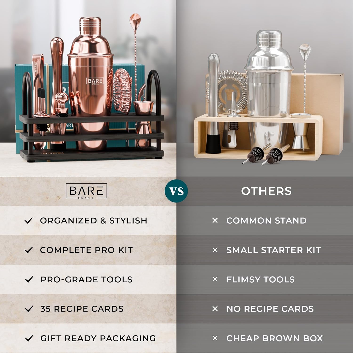 Mixology – Kit de barman de oro rosa  Juego de coctelera para el hogar  Juego de coctelera de Martini  Kit de cóctel Kit de bar, kit de barman, kit