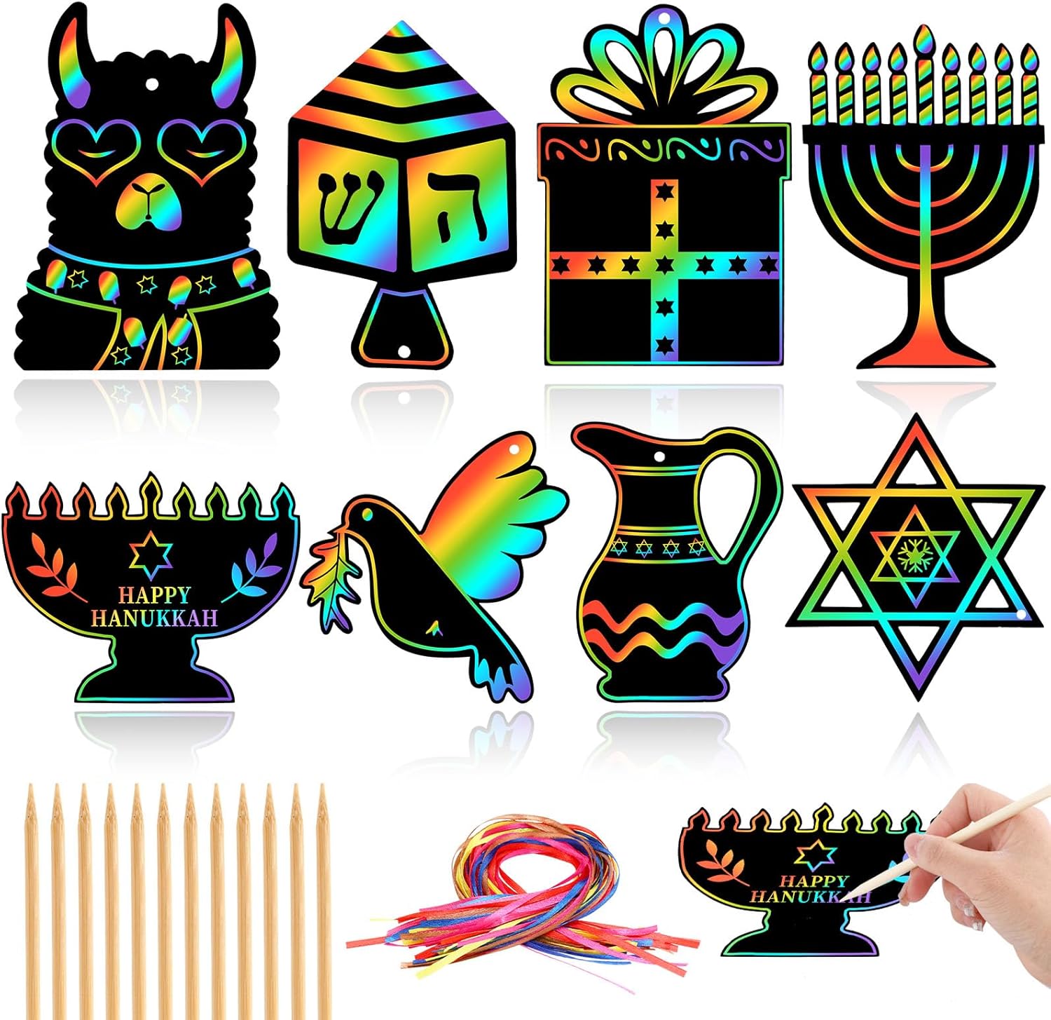 JULMELON Hanukkah Scratch Art, 36 piezas de kits de manualidades de Hanukkah para niños, arte mágico de rayar, adornos colgantes de Janucá, papel