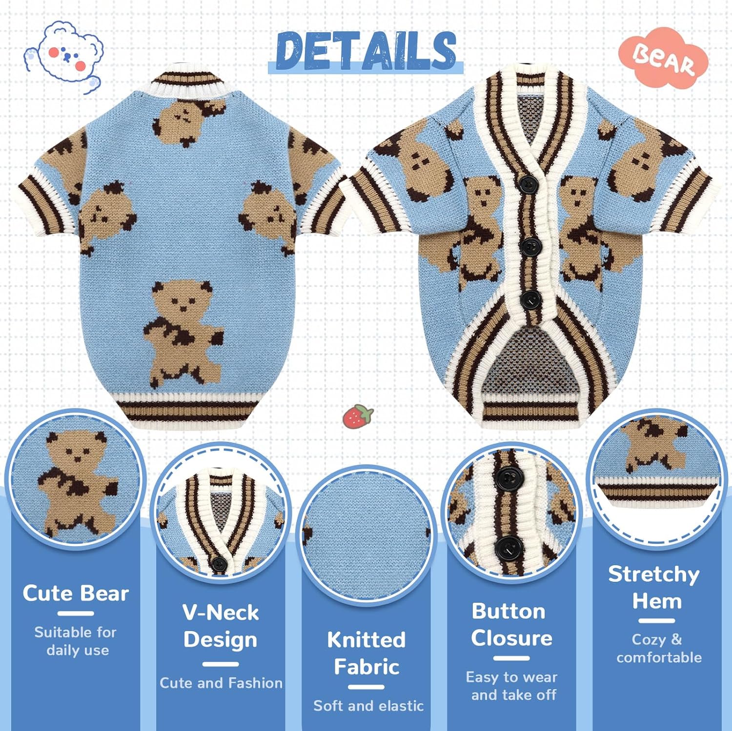 ABRRLO Suéteres para perros pequeños, lindos cárdigans de oso para perros, ropa para perros pequeños y medianos, niños, niñas, cachorros, gatos,
