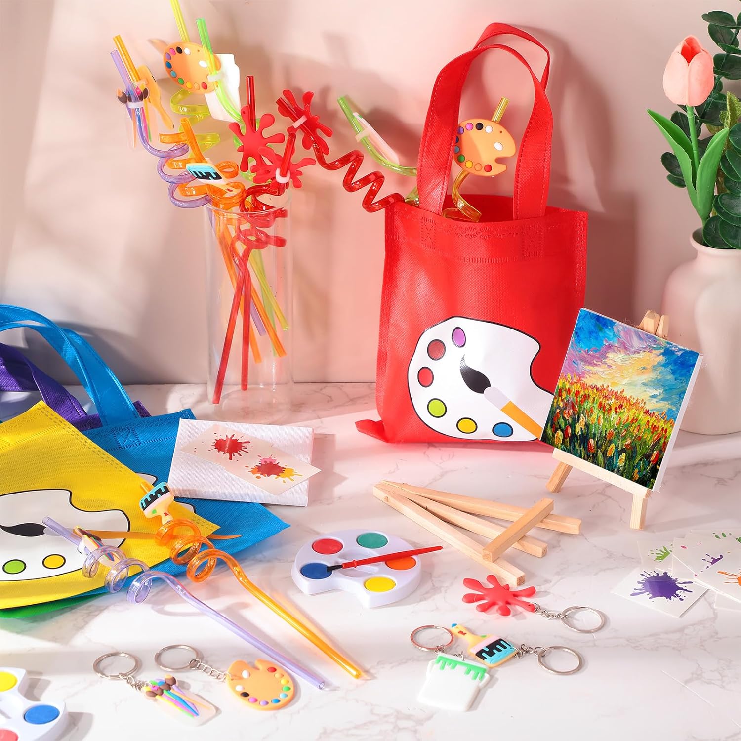Pintura, recuerdos de fiesta para niños pequeños, pintura artística, lienzo, acuarela, pintura artística, pajitas, llavero, bolsas temporales de
