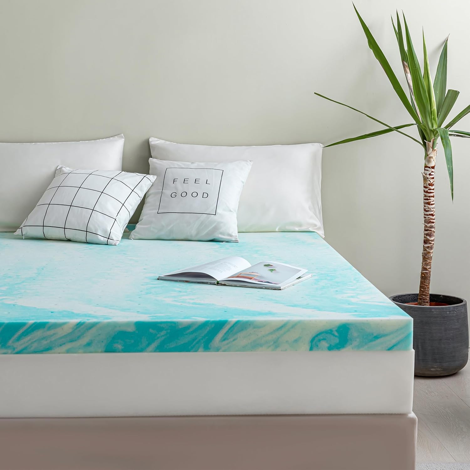 Colchón de espuma viscoelástica individual de 3 pulgadas, infusión de gel, certificado CertiPUR-US, esenciales para el dormitorio, decoración azul
