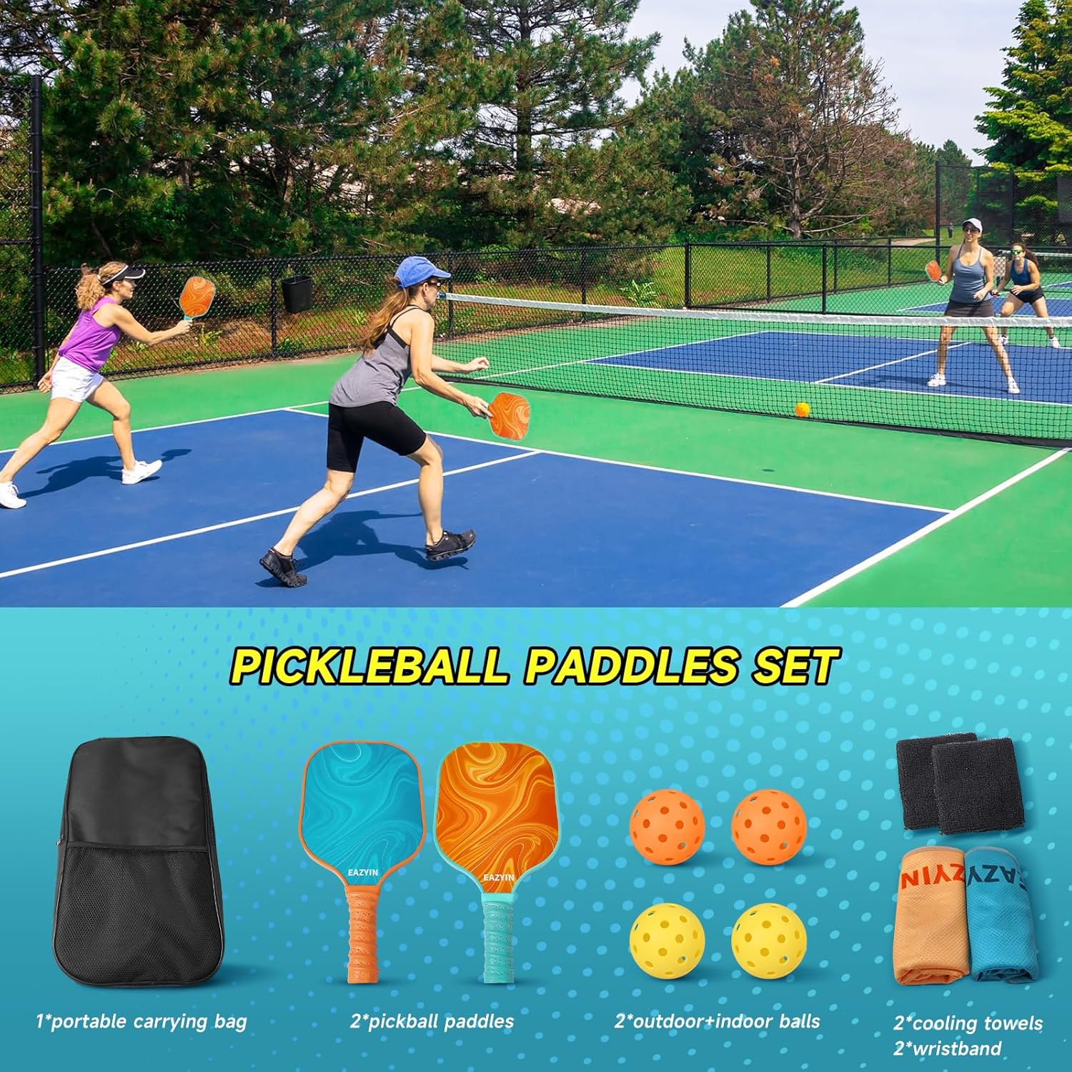 Juego de 2 palas ligeras de pickleball con 4 paletas, bolsa de transporte, toallas refrescantes y pulseras, regalos perfectos para principiantes y