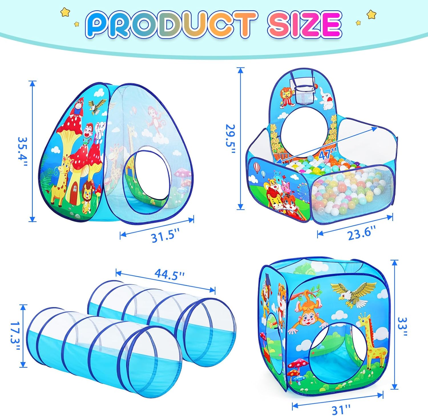 Tienda de campaña de juego para niños pequeños de 5 piezas con 1 hoyo de pelotas de bebé, 2 túneles de gateo para bebés, 2 tiendas de campaña