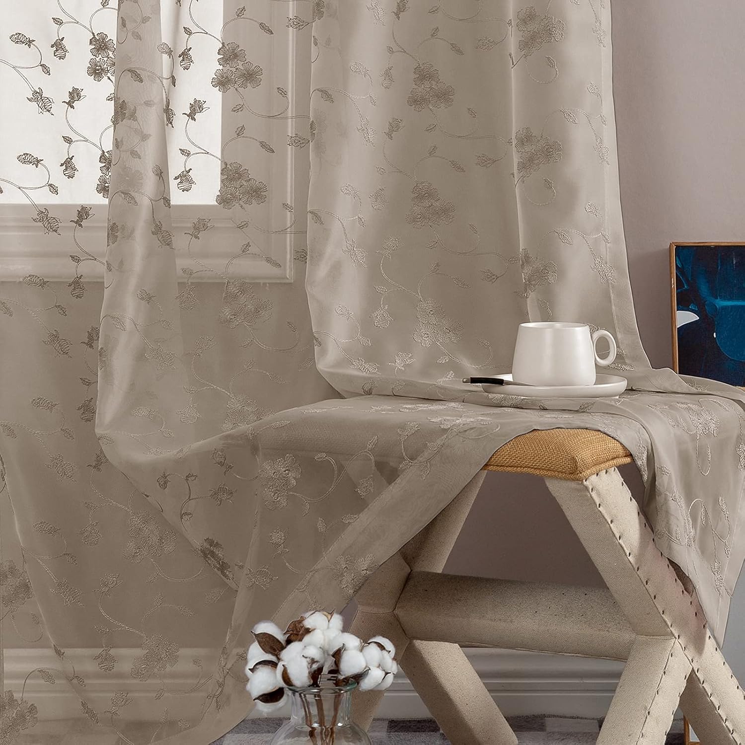 Lazzzy – Cortinas transparentes de gasa bordada con diseño floral
