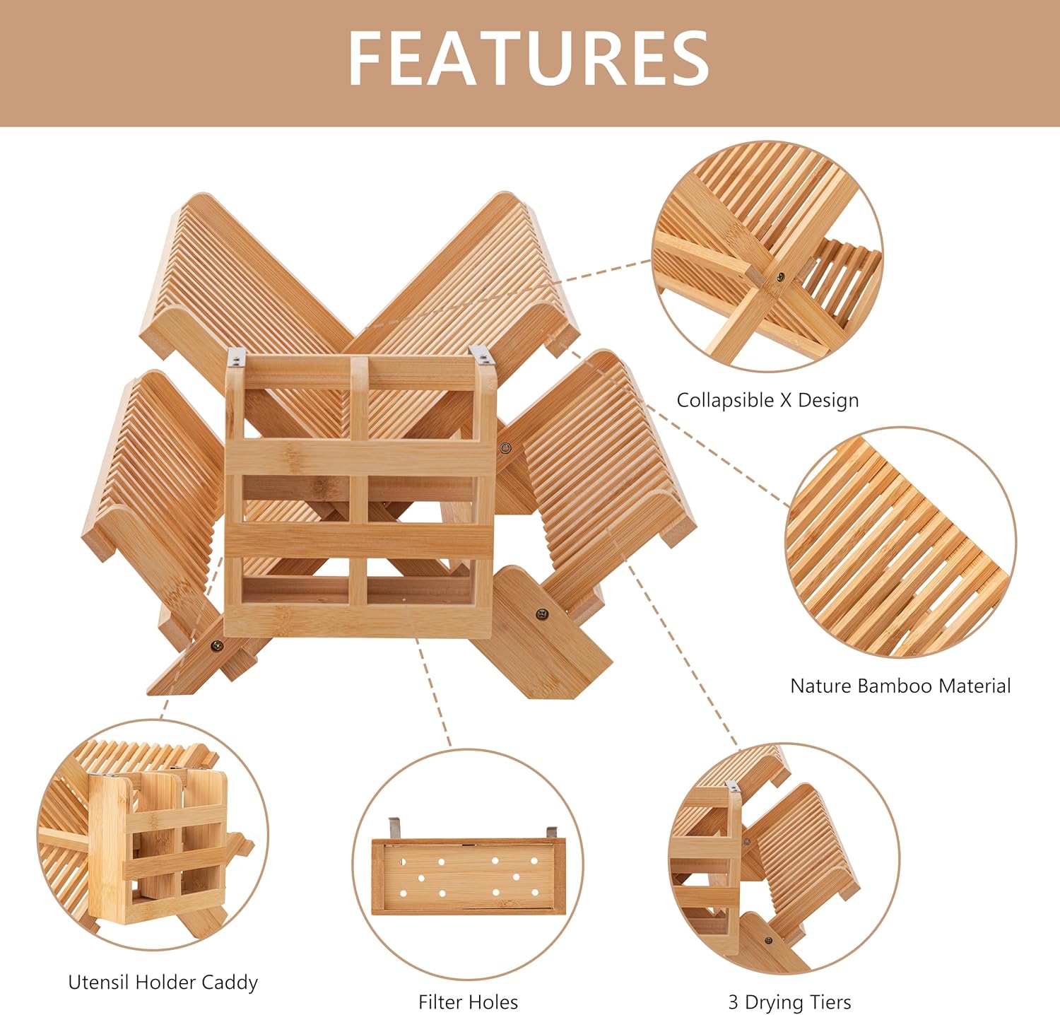 HBlife Escurridor de platos de bambú con soporte para cubiertos de utensilios, soporte de secado plegable grande de 3 niveles para encimera de