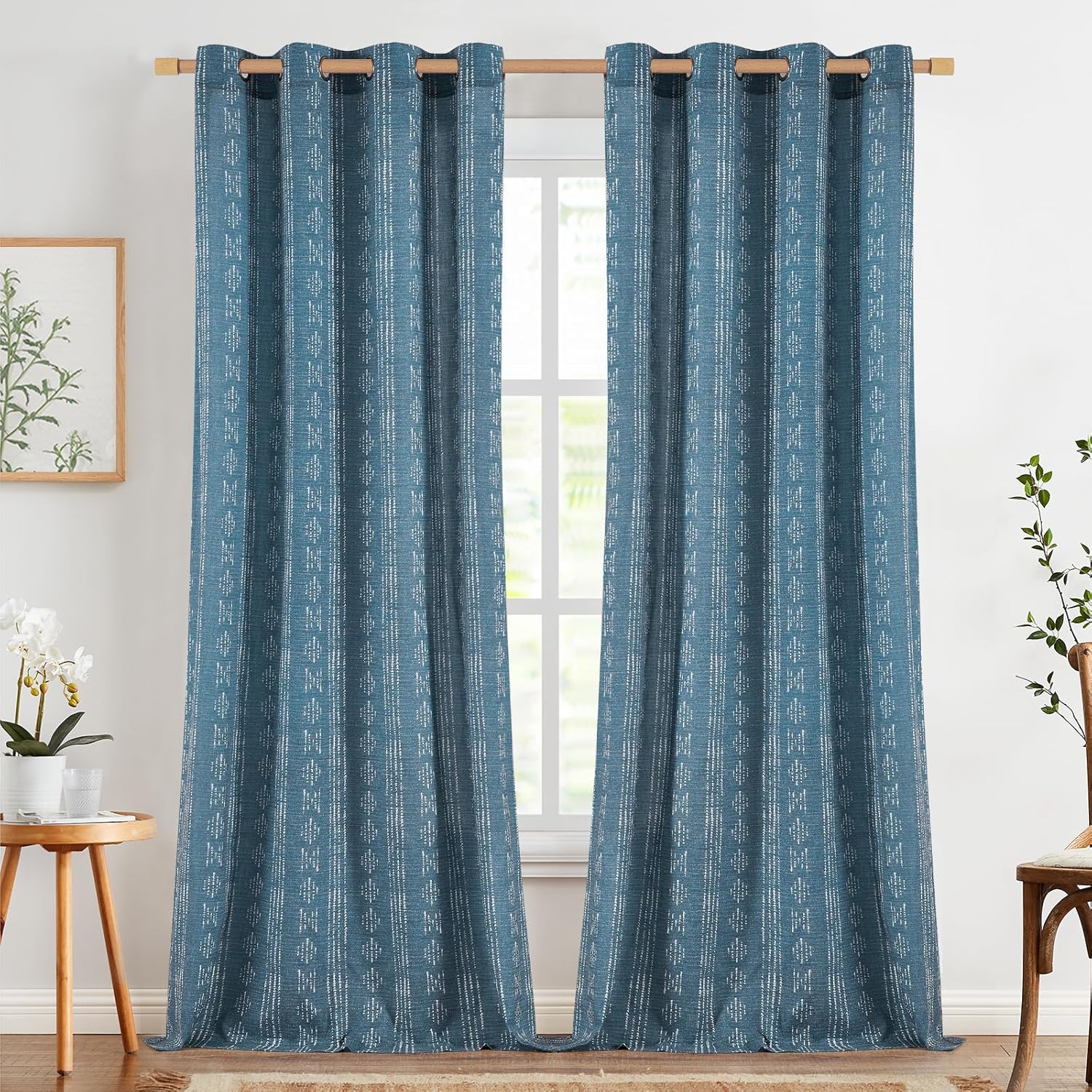 jinchan Cortinas bohemias de lino para sala de estar, cortinas bohemias azules de 108 pulgadas de largo para dormitorio, extralargas,