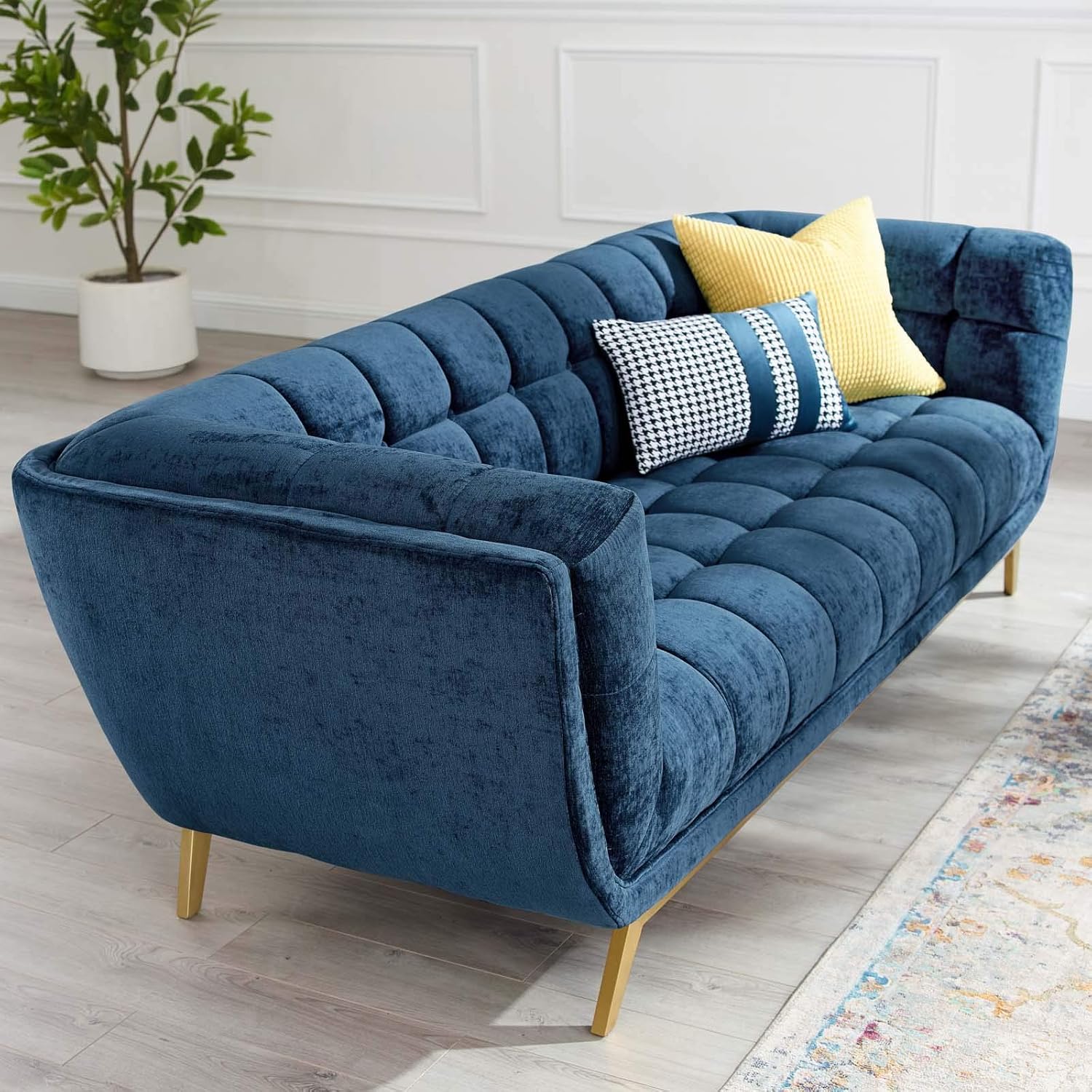 Modway Bestow – Sofá capitoné de terciopelo de alto rendimiento, azul marino