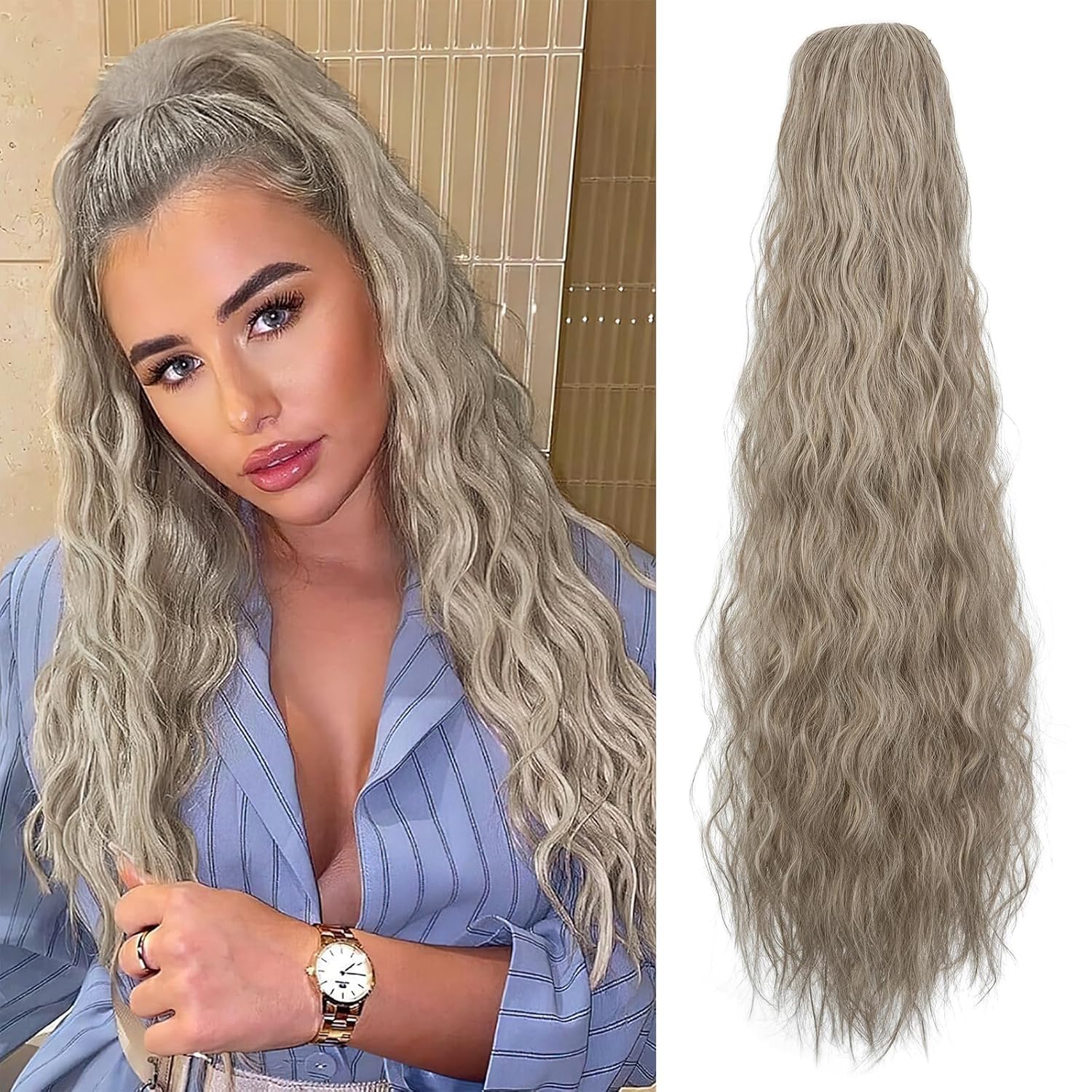 Cola de caballo rizada con cordón para mujer, de 32 pulgadas de largo, sintético, natural, ondulado, con clip, extensiones de cabello esponjoso,