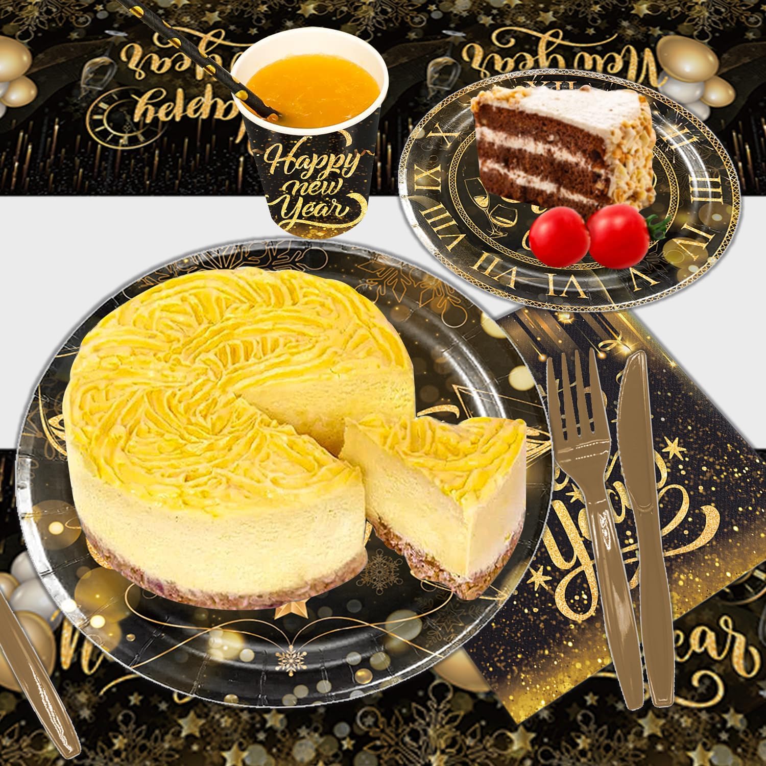 Juego de vajilla para fiesta de Año Nuevo 2024 de oro negro para 10 invitados, incluyendo mantel, servilleta, cuchillo, tenedor, cuchara, plato de