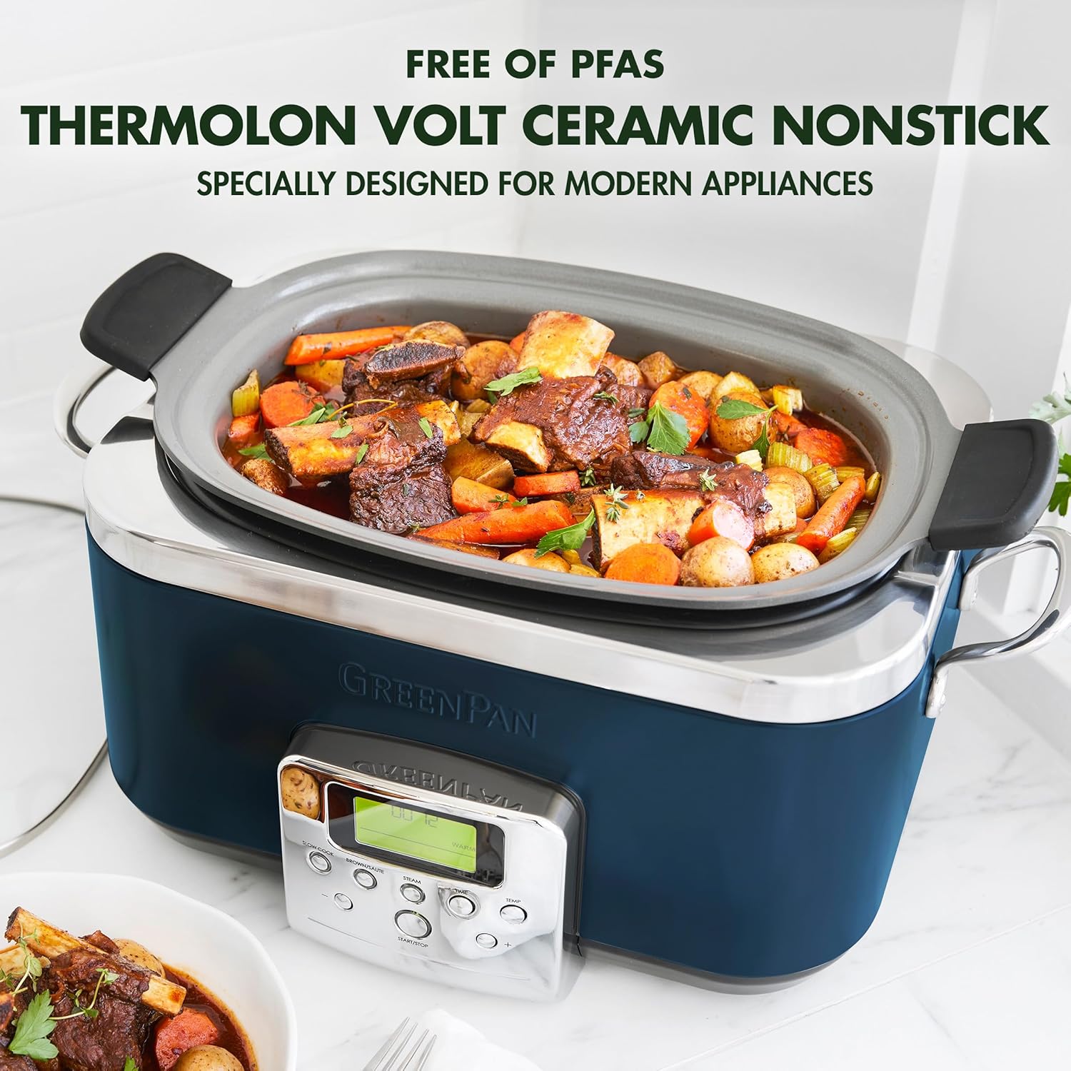 GreenPan Elite – Olla eléctrica programable 8 en 1 de 6 cuartos de galón, tapa de vidrio y recipiente extraíble, sin PFAS, de cerámica,