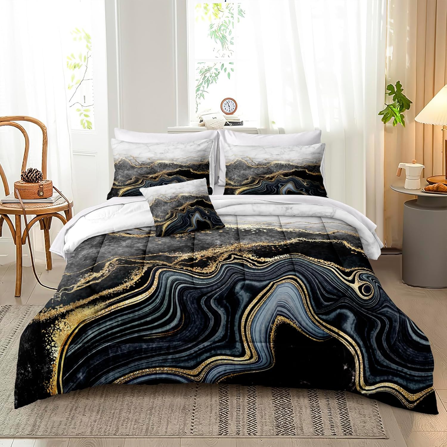 Move Over Juego de cama en una bolsa de mármol negro y dorado, tamaño Queen, 8 piezas, juego de ropa de cama de mármol abstracto, estilo moderno,