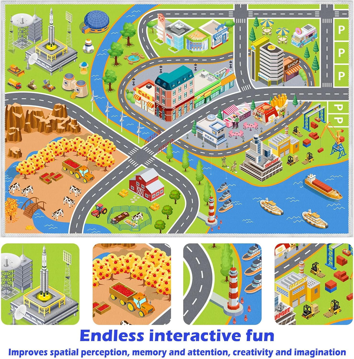 Alfombra de juegos para niños, alfombra de carretera para automóviles de juguete para niños, alfombra de automóvil para sala de juegos, alfombra de