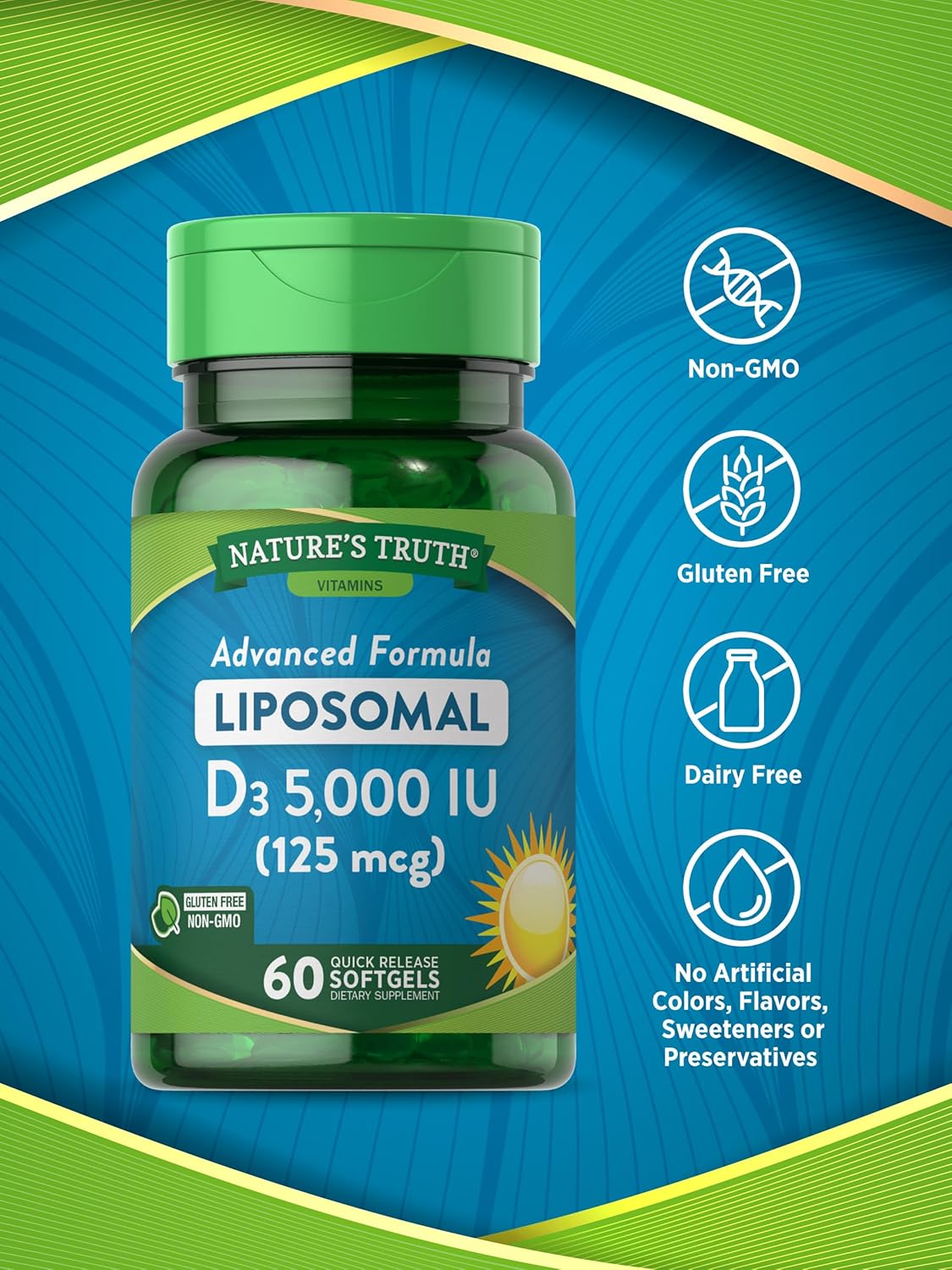 Nature’s Truth Vitamina liposomal D3  5000 UI  60 cápsulas blandas  Suplemento sin OMG y sin gluten