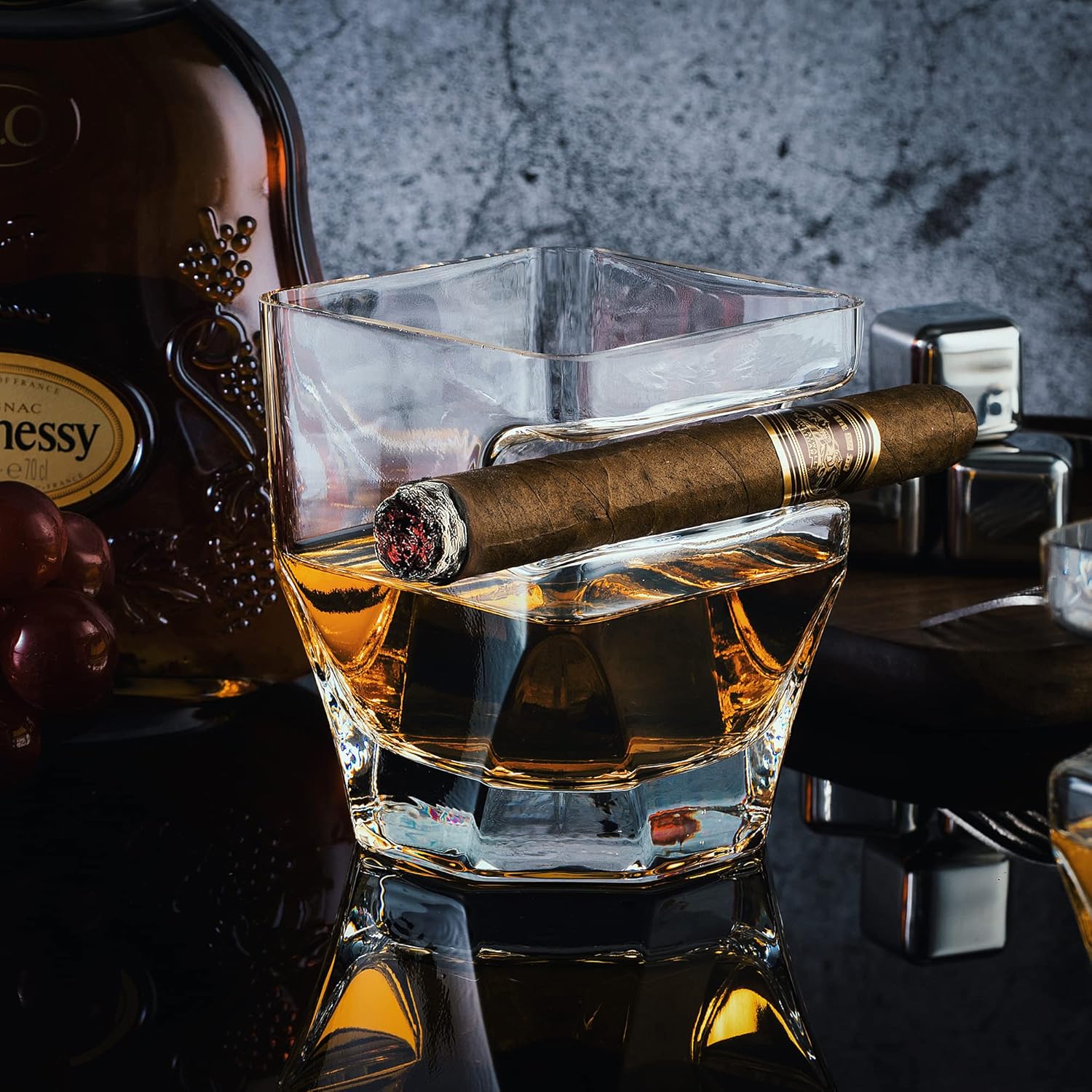 YouYah – Juego de 2 vasos de whisky de cigarros con soporte para puros, juego de vasos de whisky de cristal con reposo para puros para brandy,