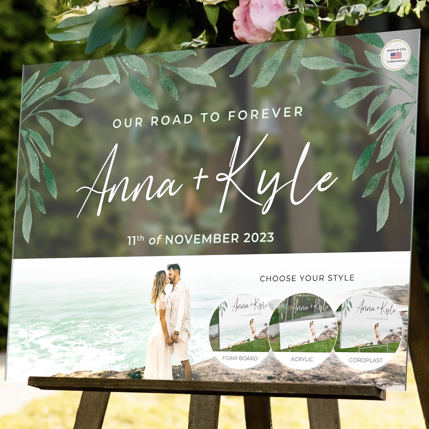 Letrero de bienvenida de boda personalizado de 24 x 18 pulgadas con foto y texto, letrero de recepción personalizado en acrílico, tablero de espuma