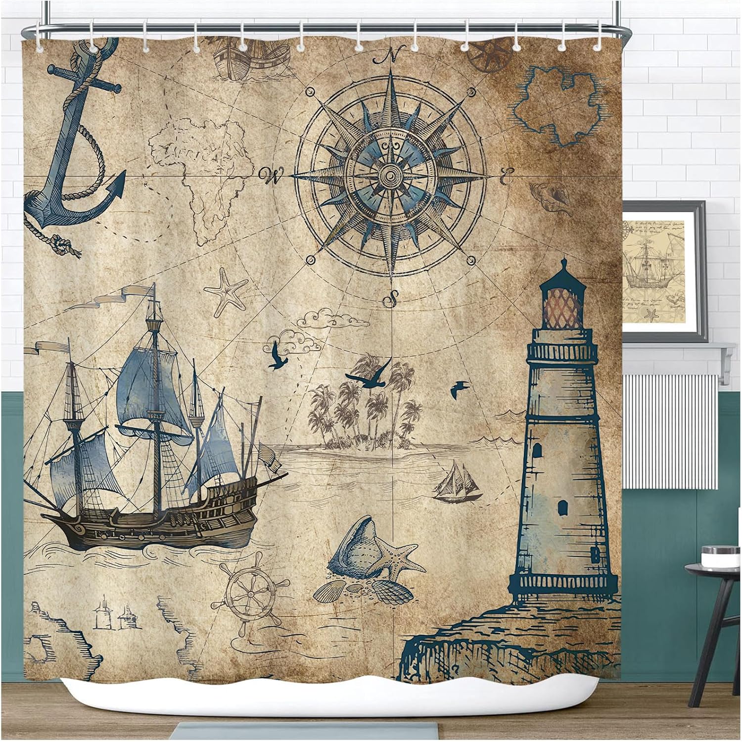 Cortina de ducha náutica con temática oceánica para baño, cortina de ducha de tela impermeable con 12 ganchos, decoración retro de mediados de siglo