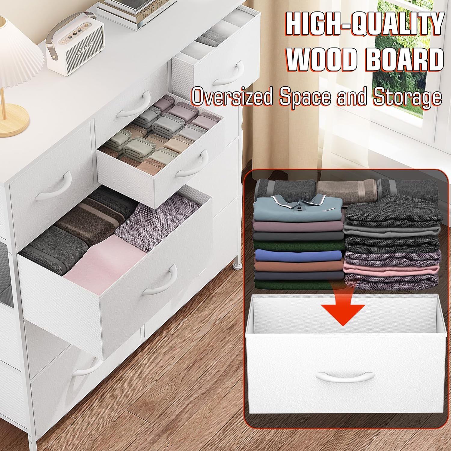 Cómoda de 10 cajones, cómoda para dormitorio, cómoda de poliuretano con bolsillos laterales, ganchos, parte superior de madera y marco de metal