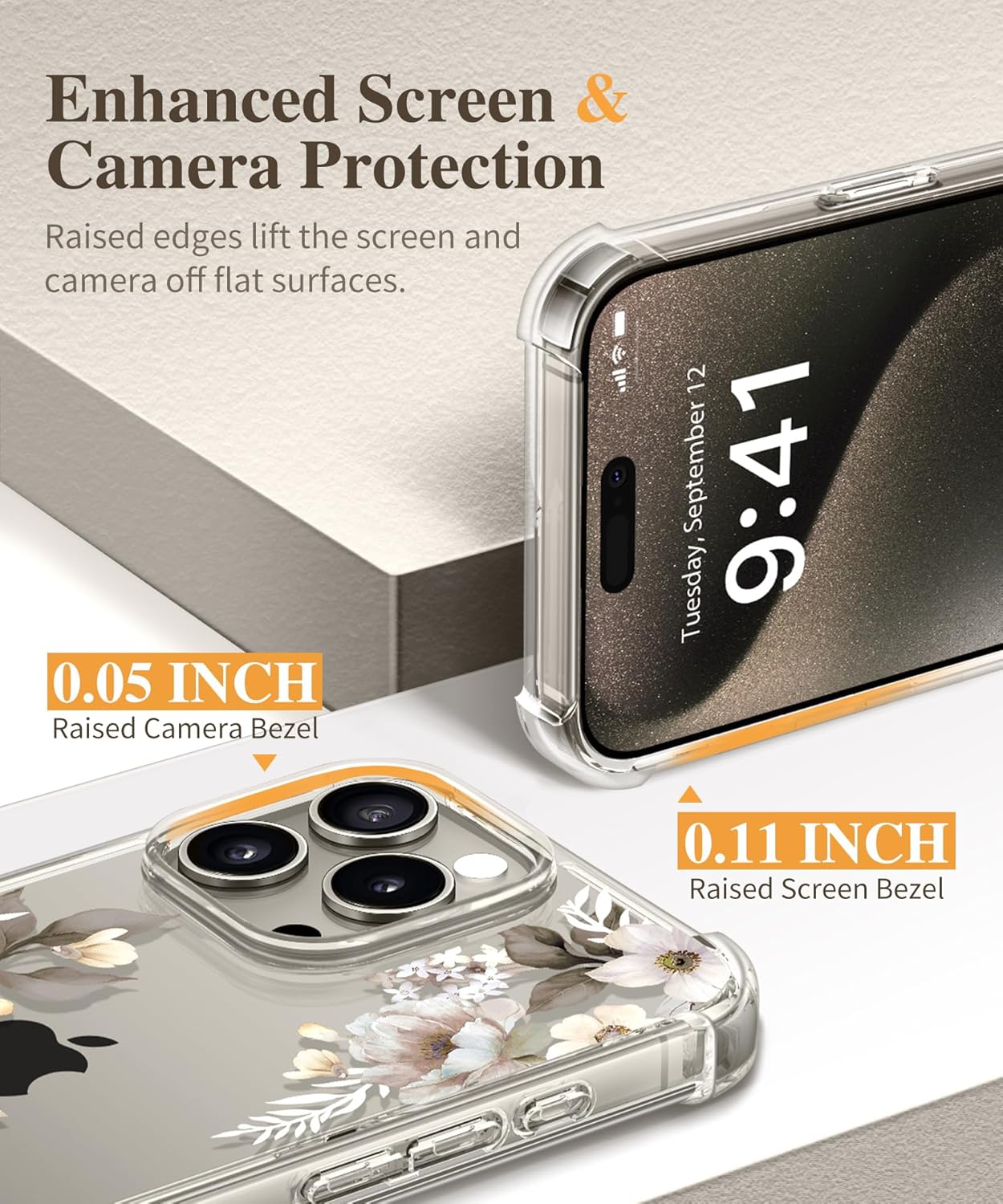 GVIEWIN Funda para iPhone 15 Pro Max floral, con protector de pantalla y protector de lente de cámara, PC duro + TPU parachoques a prueba de golpes,