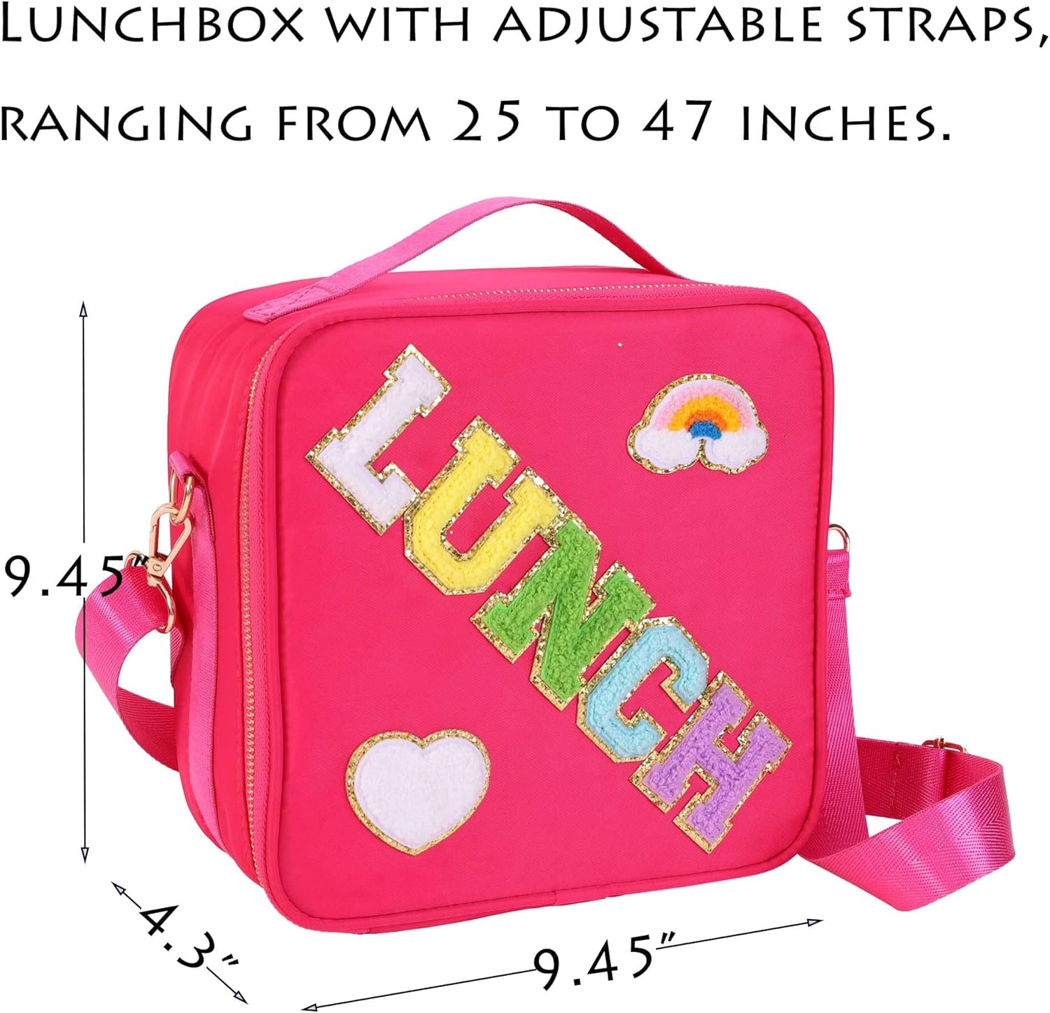 Lonchera personalizada con parches de letras coloridas aisladas, con purpurina, letras universitarias reutilizables para niños (rosa rosa)