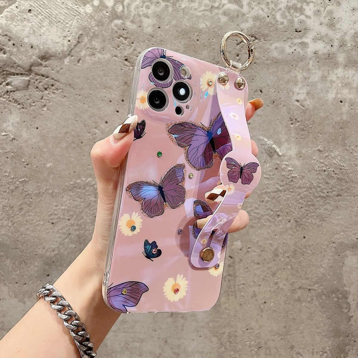 Funda para iPhone 15 Pro Max linda con correa de muñeca con función atril con purpurina de dibujos animados IMD silicona TPU a prueba de golpes