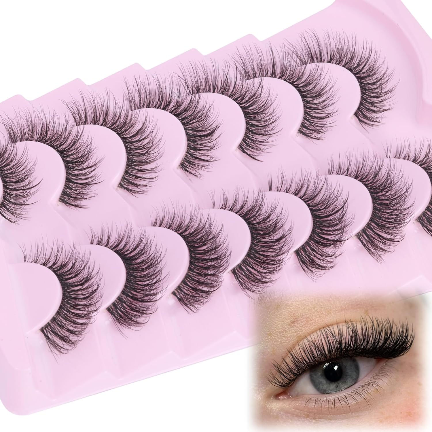 Pestañas de banda transparente, pestañas de ojo de gato, pestañas de aspecto natural, pestañas postizas 3D, esponjosas, paquete de 7 pares Mavphnee