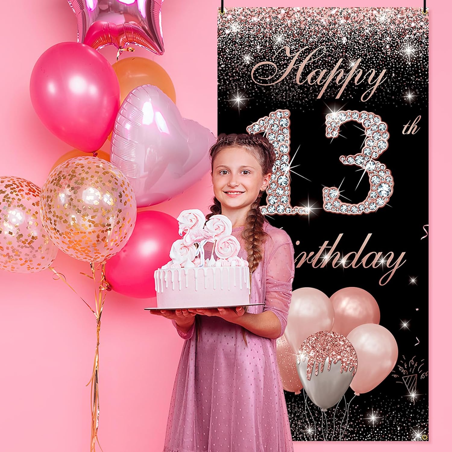 Cartel de telón de fondo para puerta de cumpleaños número 13, color oro rosa, decoración de feliz cumpleaños número 13 para niñas, cartel de tela