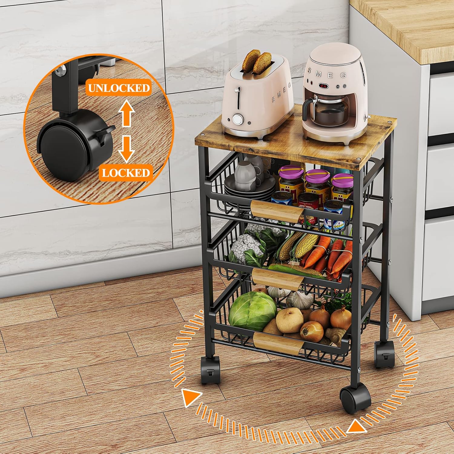 Wisdom Star Cesta de frutas de 4 niveles para cocina, carrito de almacenamiento de verduras con mesa de madera, cesta de verduras para cebollas y