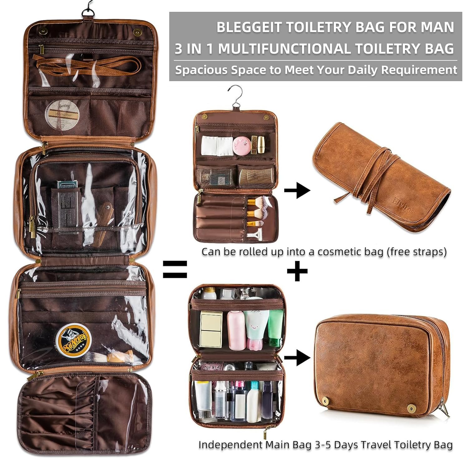 3-in-1 Large Personalized PU Leather Toiletry Bag For Men, Custom Groomsmen Gifts Hanging Travel Organizer Bag, Laser Engraved Name Monogram Shaving