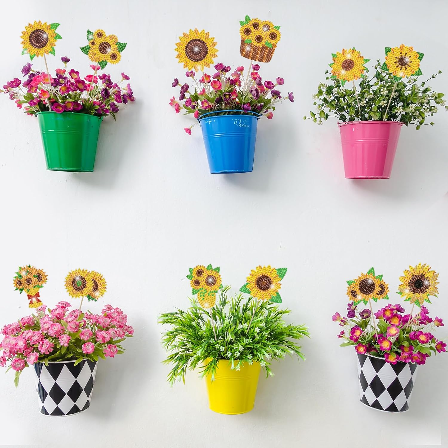 Huwena 12 piezas de pintura de diamante de girasol para decoración de jardín, estacas de pintura de diamante, flores, estacas de jardín, estacas de