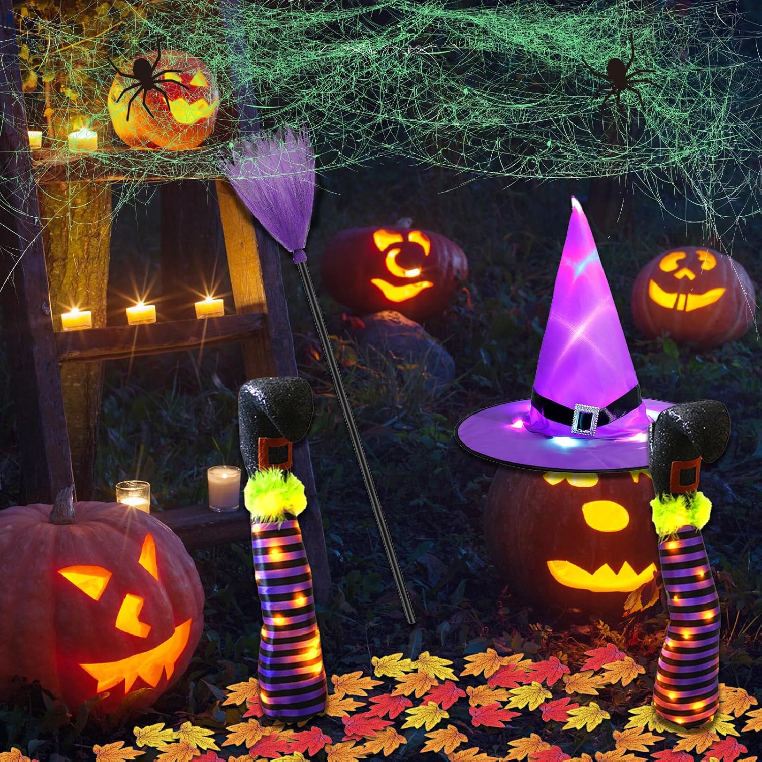 Estacas de Halloween para patio, decoración de patas de bruja LED, decoración de bruja de Halloween iluminada al aire libre, sombrero de bruja LED,