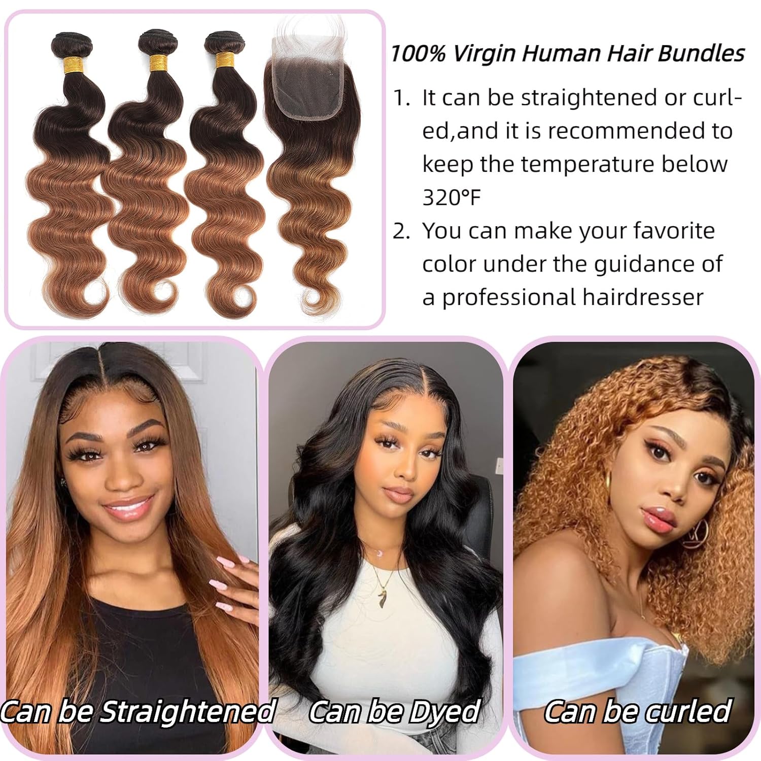 Paquetes de cabello humano ondulado con cierre, cabello humano de 2 tonos degradados, 3 paquetes con cierre de encaje 4×4, paquete de cabello humano