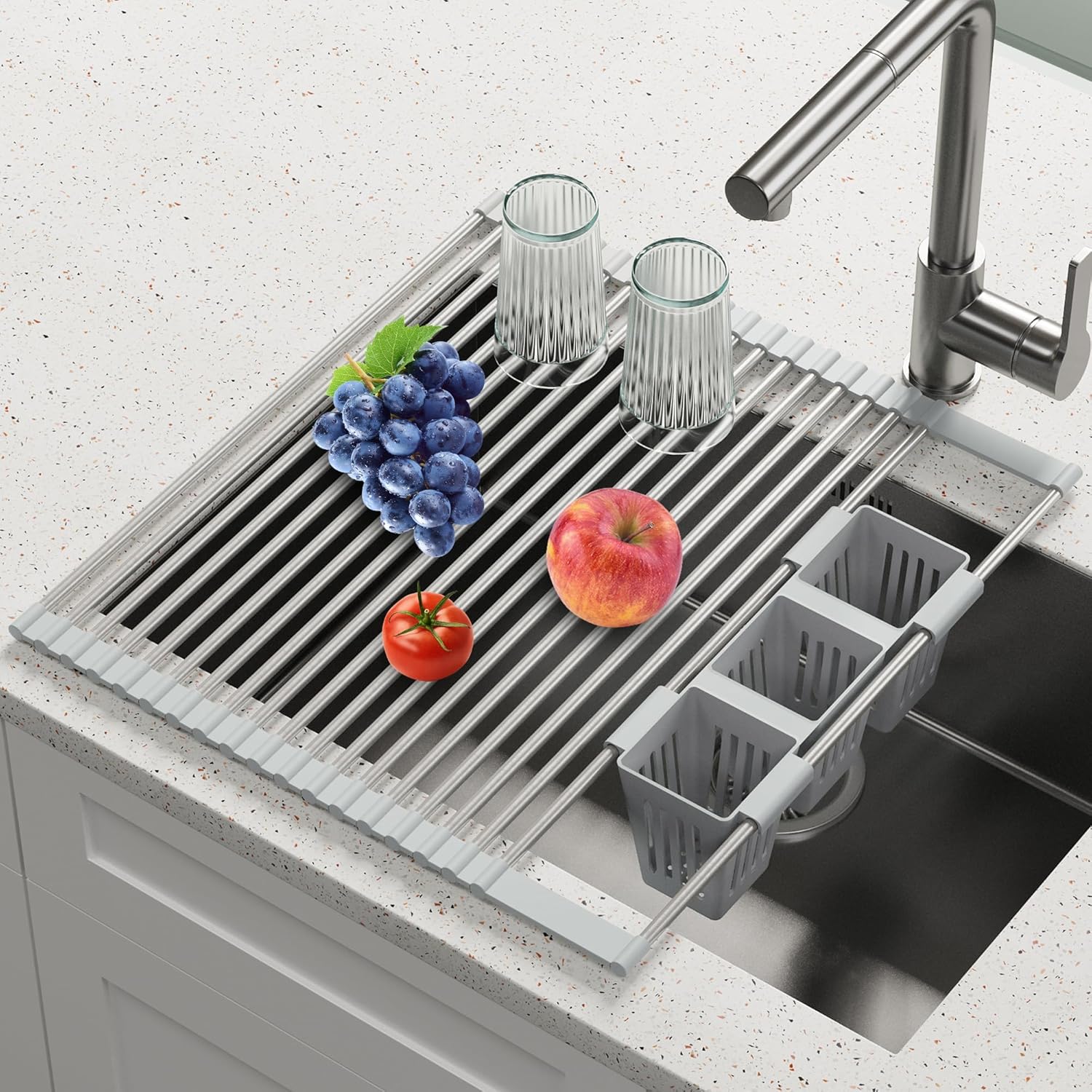 BBXTYLY Escurridor de platos enrollable con cesta de almacenamiento, cubierta para fregadero de cocina, escurridor de platos plegable, de acero