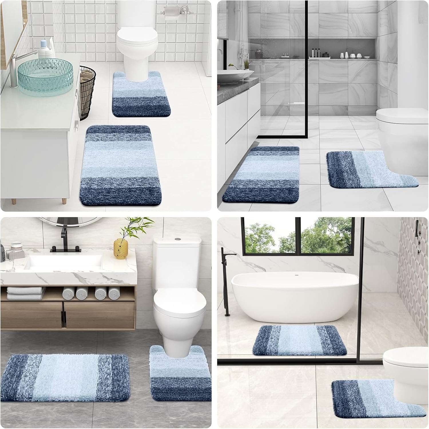 OLANLY Alfombra de baño y aseo en forma de U, tamaño 24 x 20 pulgadas, juego de alfombras de baño de 30 x 20 + 24 x 16 pulgadas, color azul marino,