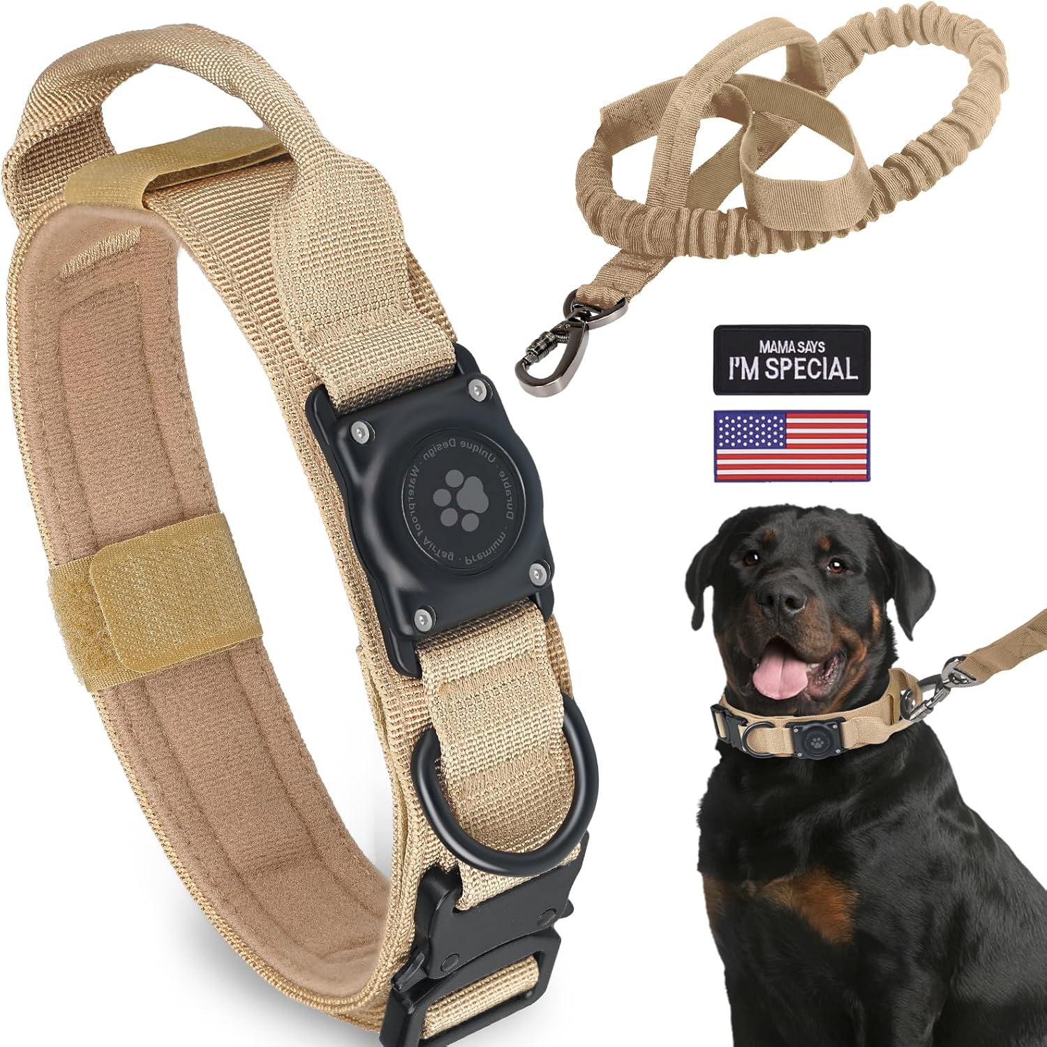 Juego de correa táctica AirTag para perro 100 % impermeable, integrado Apple Air Tag con soporte para AirTag, collar militar ajustable con asa,