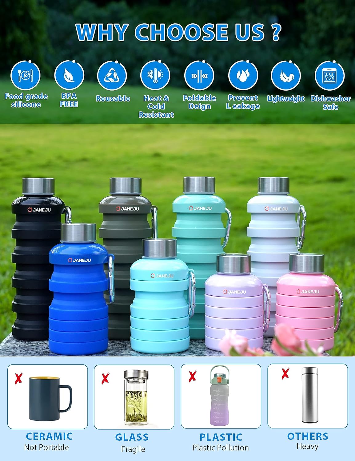 JaneJu – Botella de agua plegable de 17 onzas, sin BPA, reutilizable, portátil, ligera, plegable, con mosquetón, botella de agua deportiva portátil