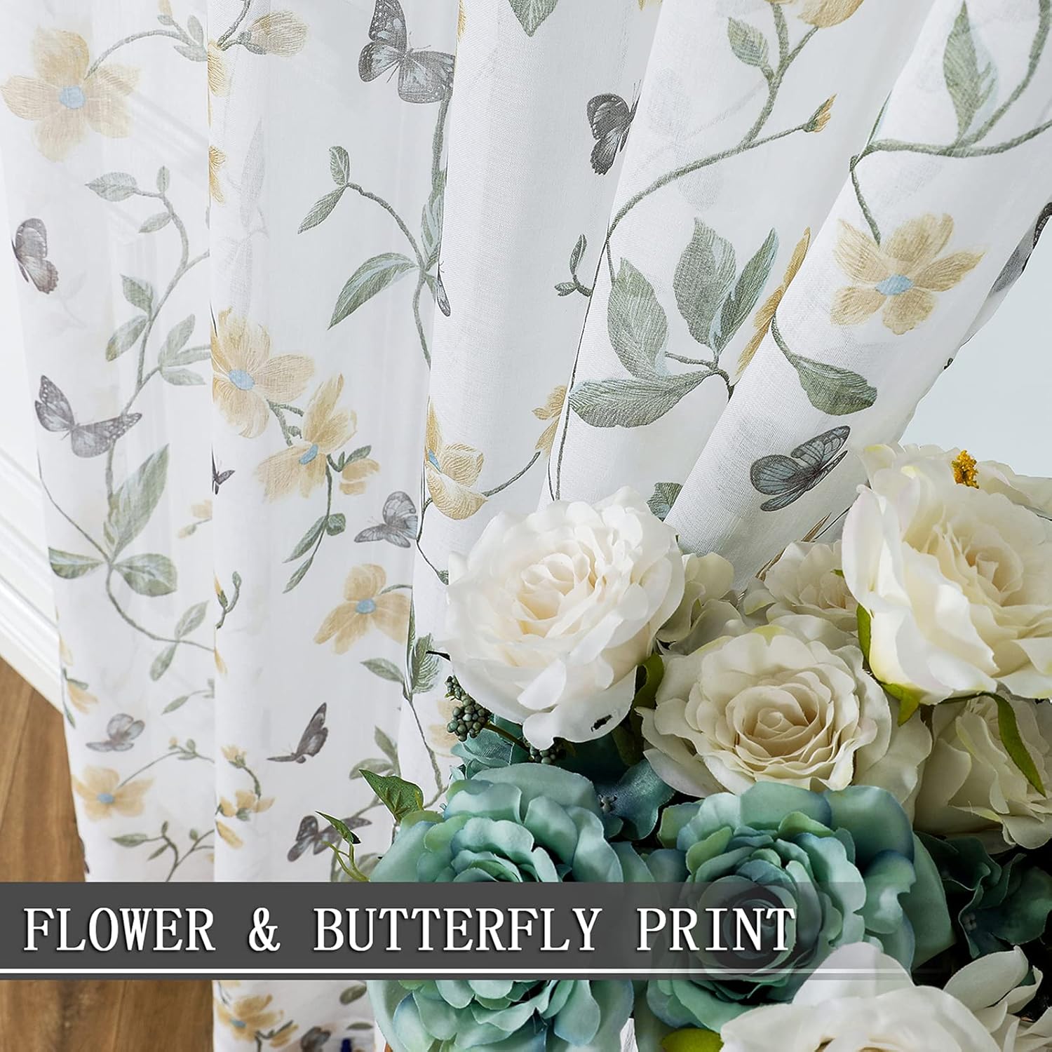 Tollpiz – Cortina floral transparente, con diseño de mariposas y flores para dormitorio, cortina para ventana de lino sintético con barra para