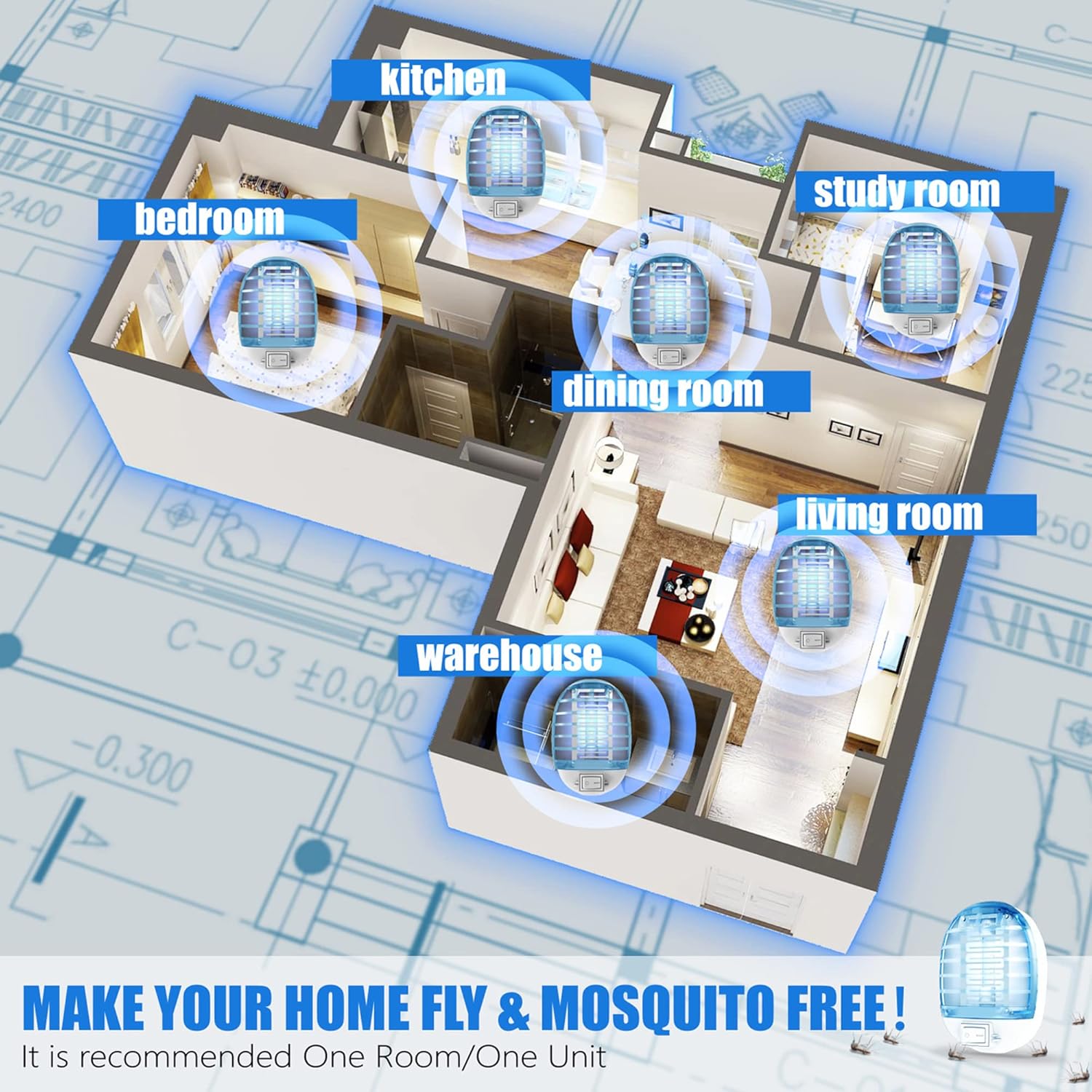 Exterminador de insectos para interiores, trampa para moscas para interiores, mata mosquitos electrónico con luces azules para sala de estar, hogar,