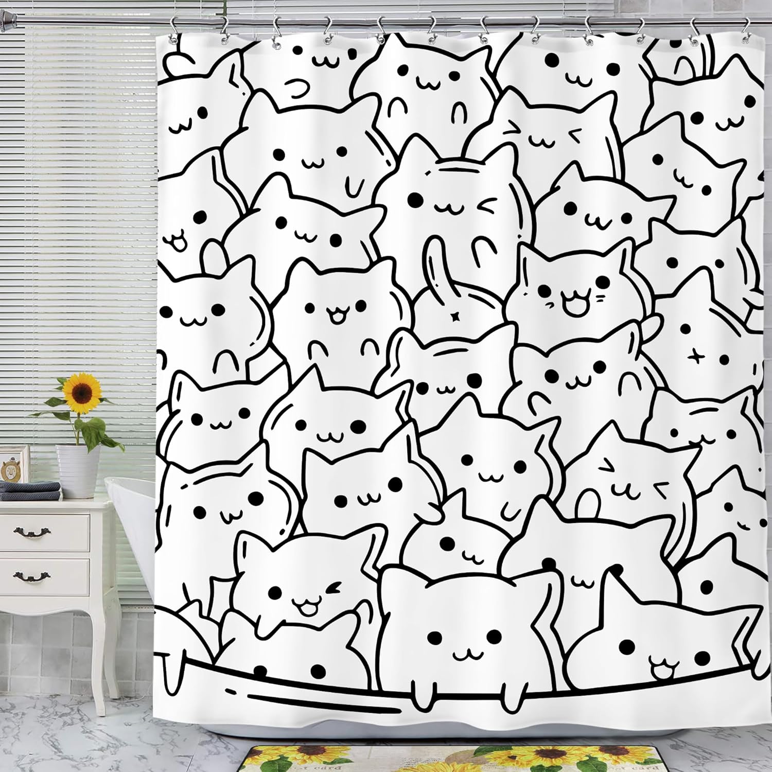 SVBright Cortina de ducha con diseño de gato de 60 pulgadas de ancho x 72 pulgadas de largo para niños, divertida, negro, blanco, animal, linda,