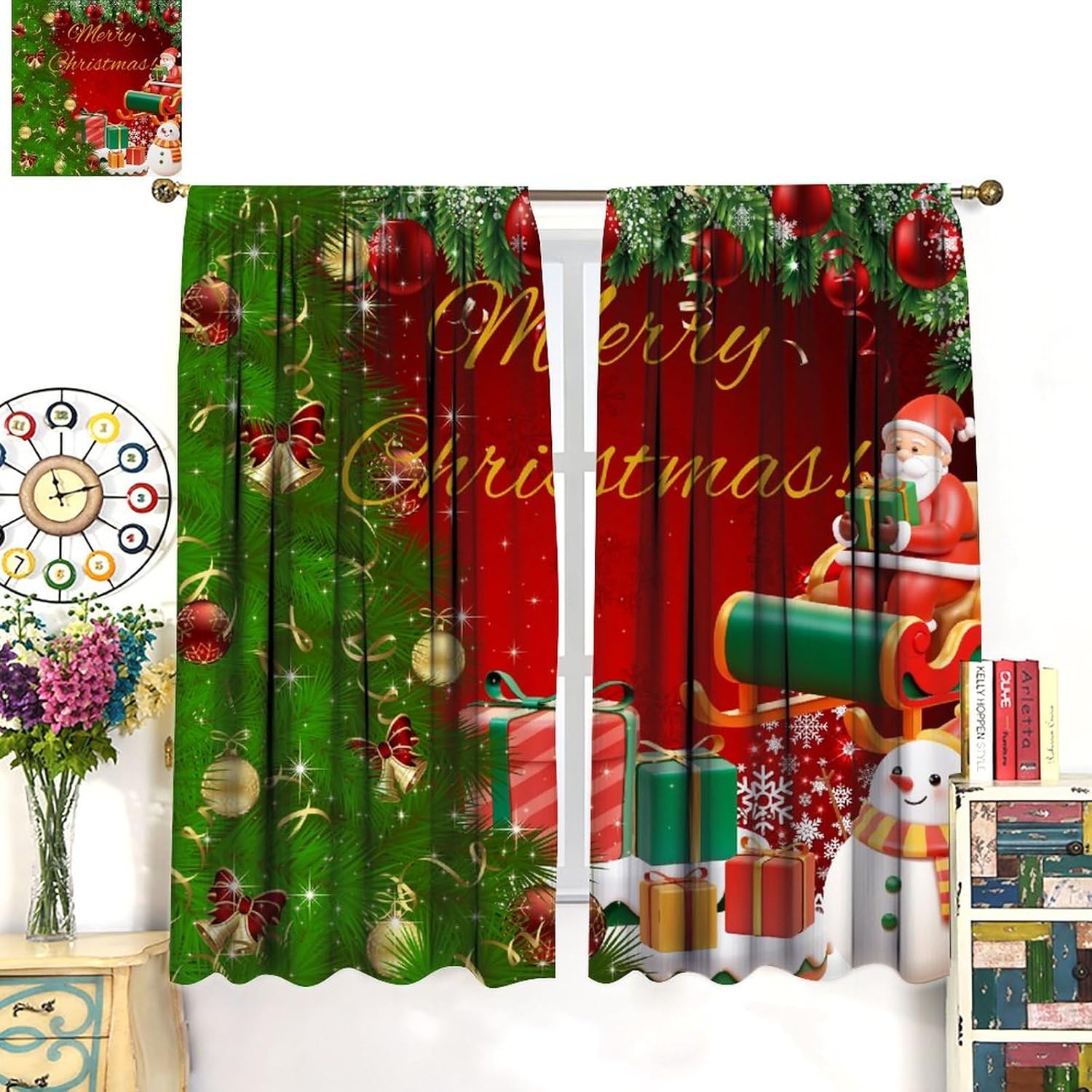 BAEKJIN Cortinas de Navidad con diseño de muñeco de nieve, árbol de Navidad brillante, regalo de Papá Noel, decoración del hogar, cuarto del bebé,