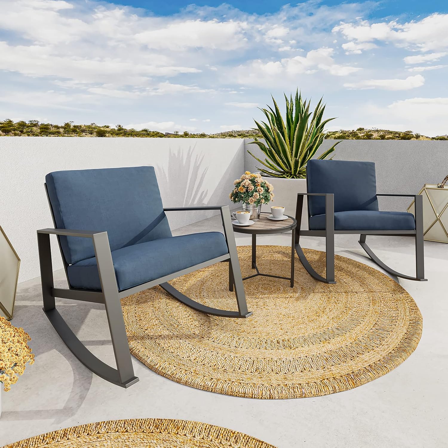 COSIEST Juego de muebles de patio de 3 piezas, juego de mecedoras de acero negro con cojines gruesos azules, mesa auxiliar con parte superior de