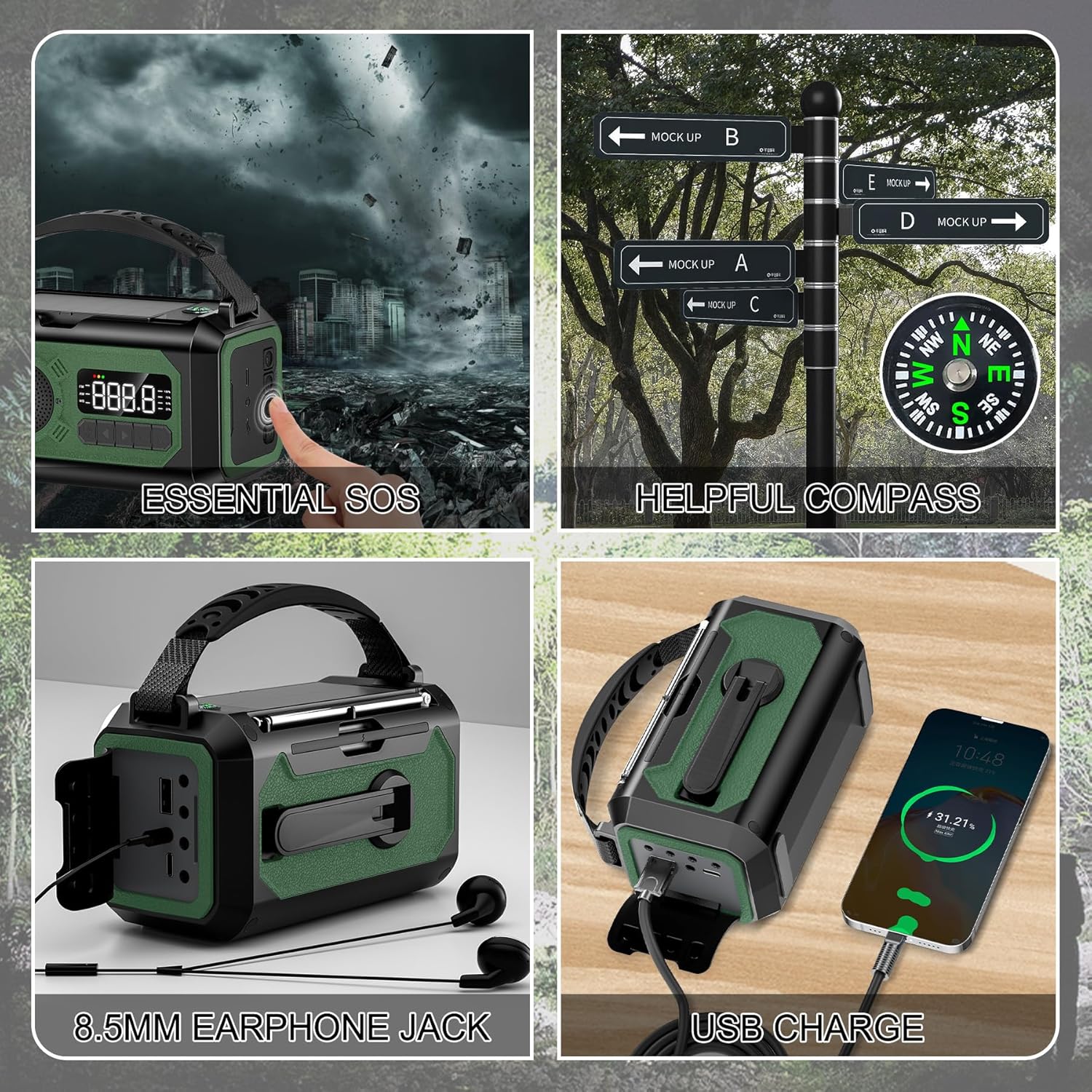 Radio meteorológica de emergencia de 12000 mAh, radio de manivela, radio AMFMNOAA portátil con 2 paneles solares, radio solar multifunción con