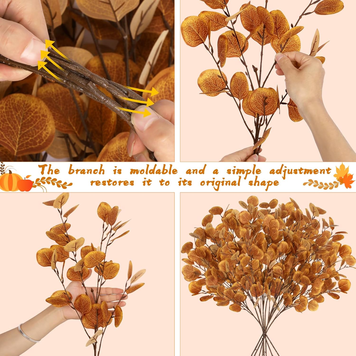 8 piezas de hojas de eucalipto artificiales de otoño, ramas de eucalipto de seda naranja y plata, hojas de eucalipto de otoño, plantas de tallos