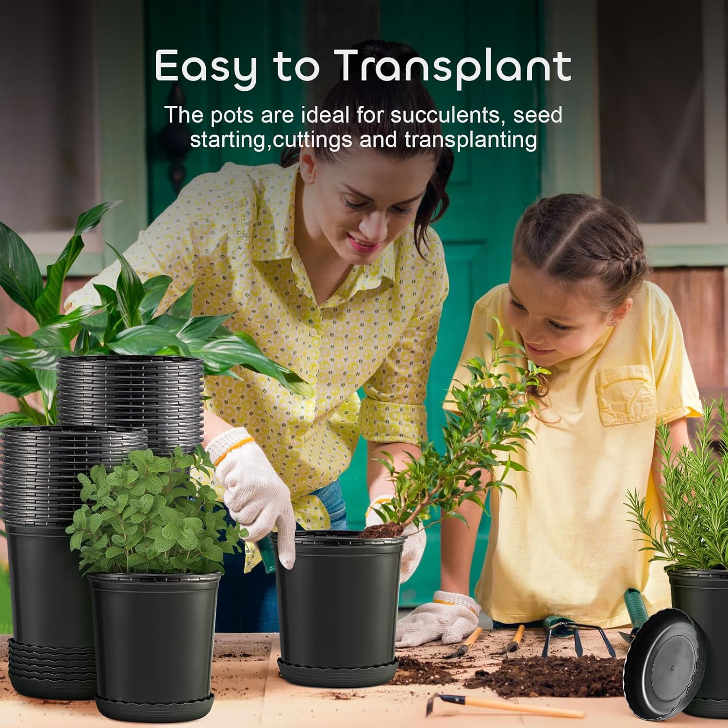 GROWNEER Juego de 12 macetas flexibles de 6 pulgadas de 1 galón para plantas, macetas con orificio de drenaje y platillo, contenedor para plantas de