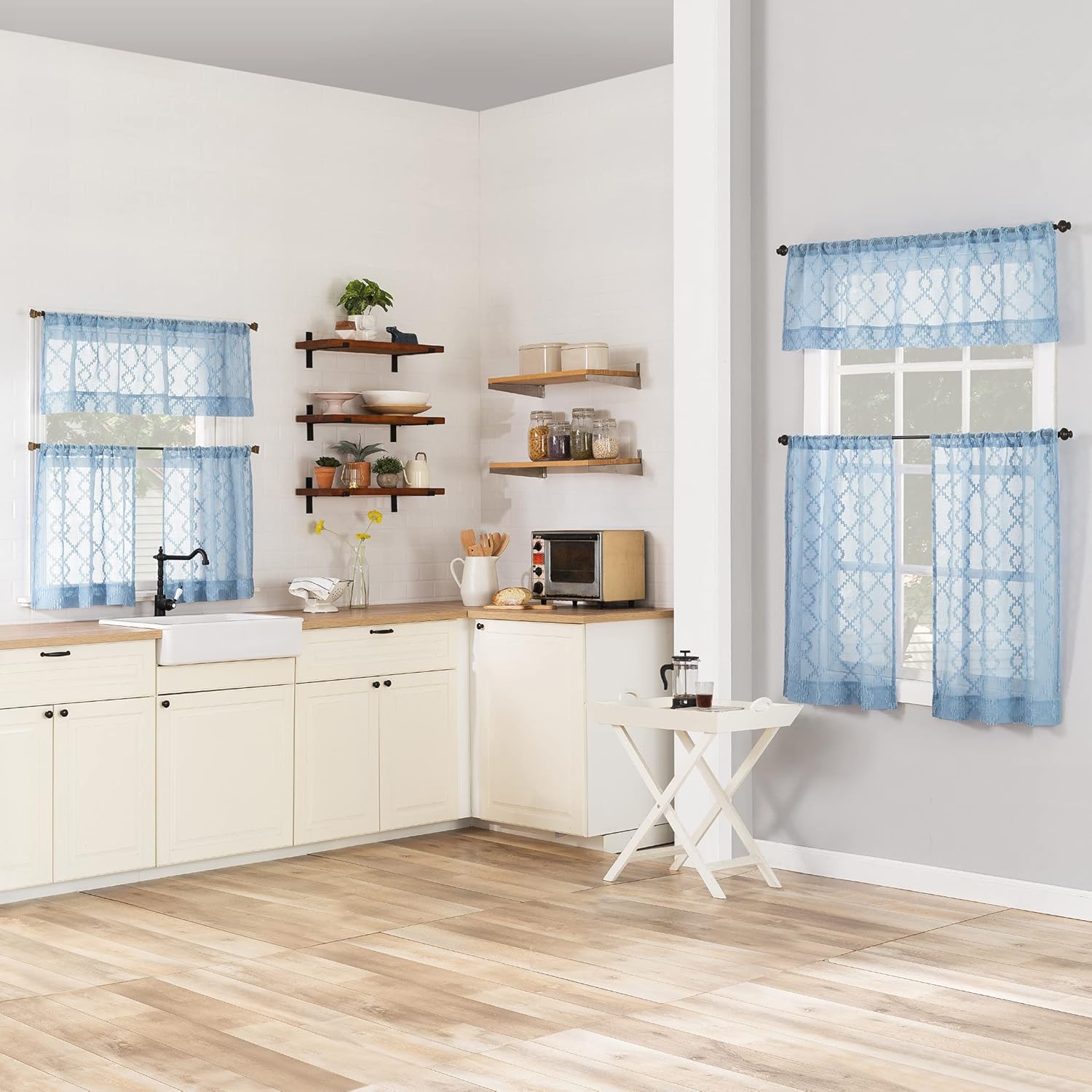 No. 918 Tina – Juego de cenefas y niveles de cortina de cocina semitransparentes con recortes geométricos, 54 x 36 pulgadas, azul tranquilo