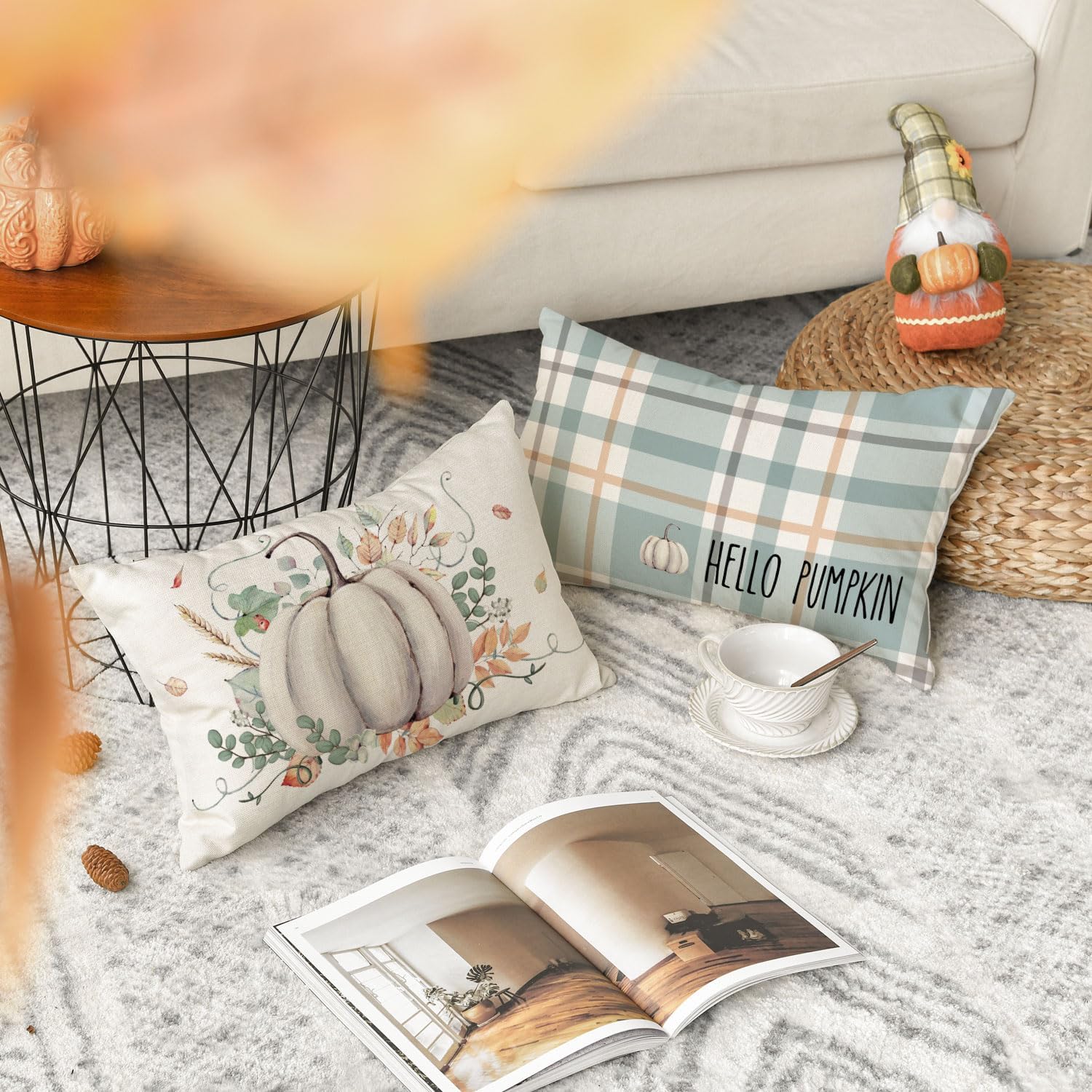 AVOIN colorlife Juego de 4 fundas de almohada con texto en inglés Hello Fall Hello Pumpkin, 12 x 20 pulgadas, cosecha de Acción de Gracias, color