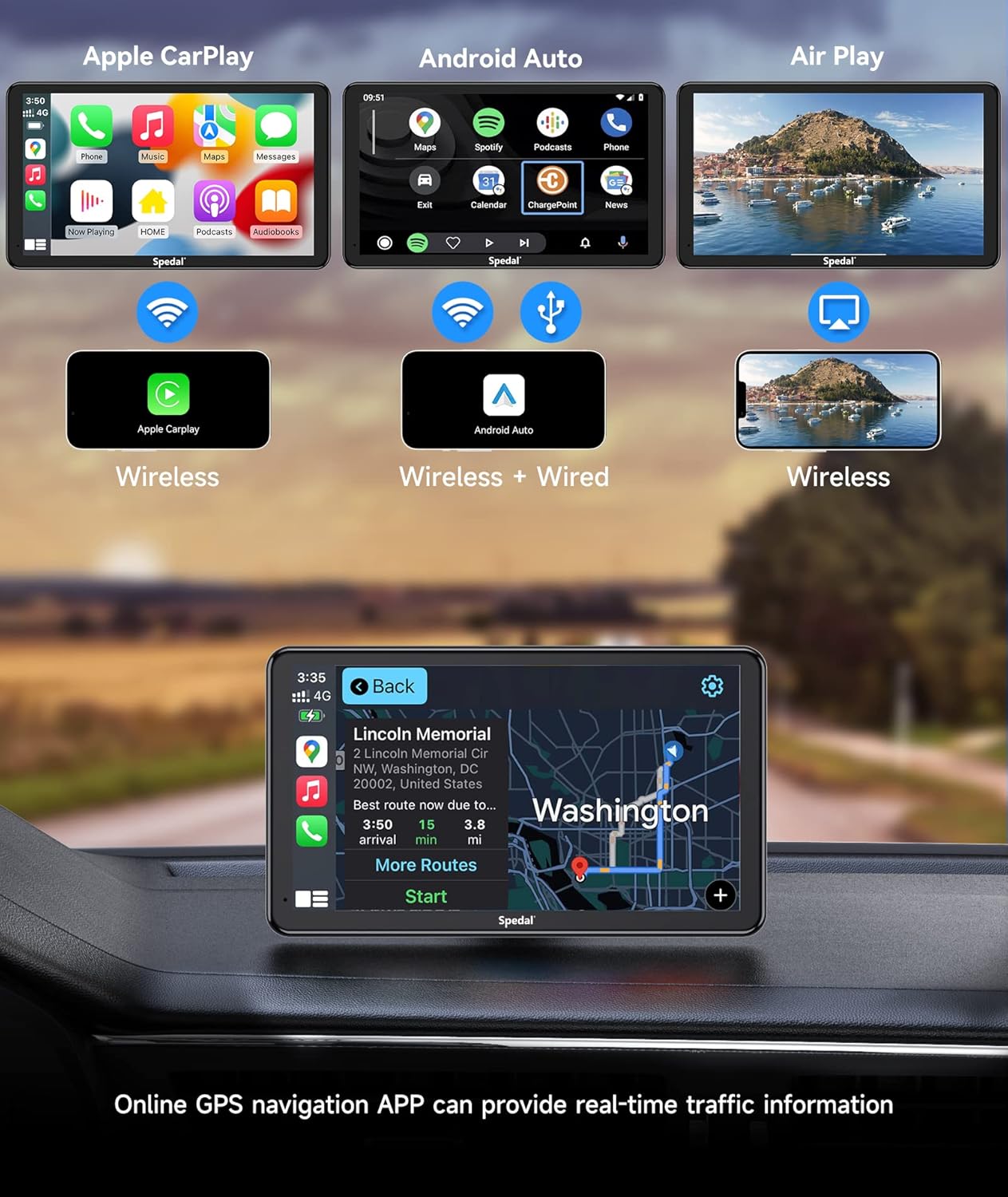 Spedal Receptores estéreo inalámbricos para Apple CarPlay y Android Auto, pantalla táctil IPS portátil de 7 pulgadas con cámara frontal,