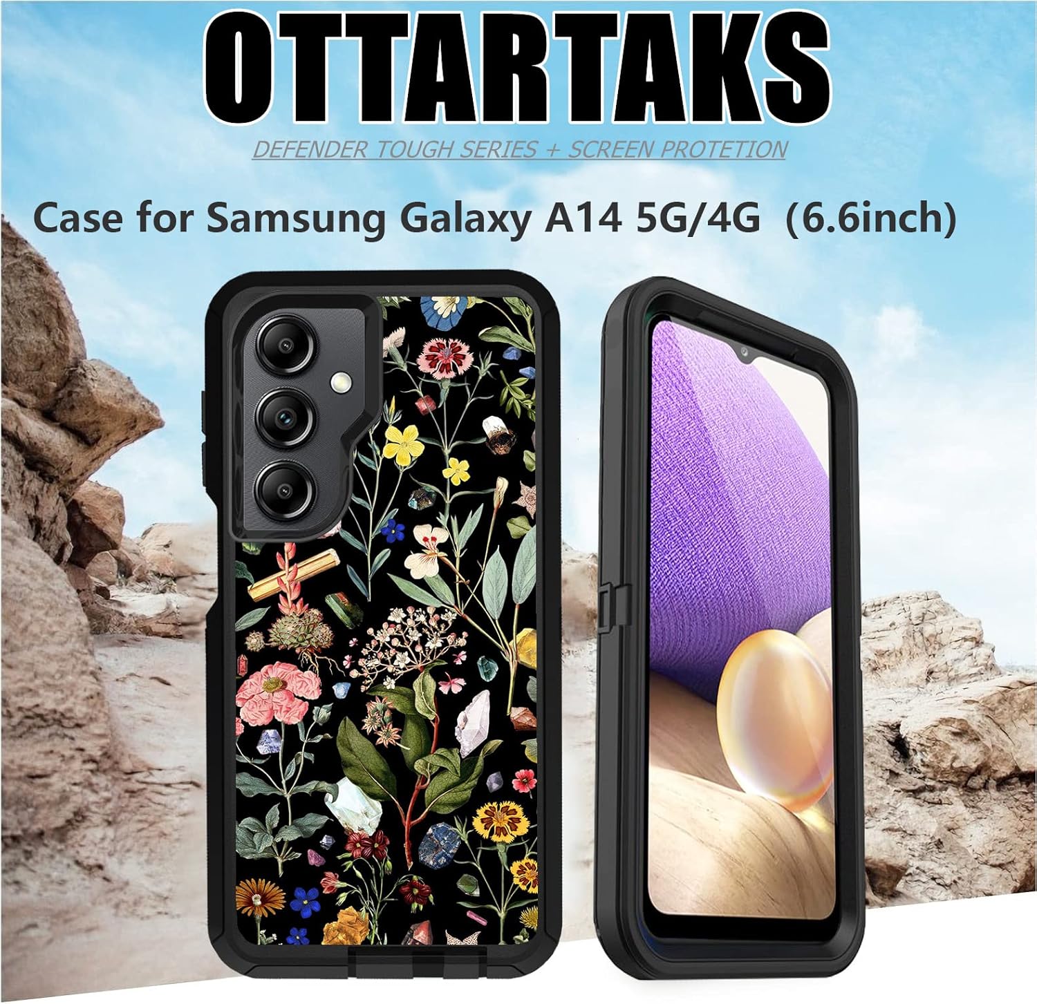 OTTARTAKS Funda compatible con Samsung Galaxy A14 5G con protector de pantalla resistente a prueba de golpes bonita funda protectora floral para