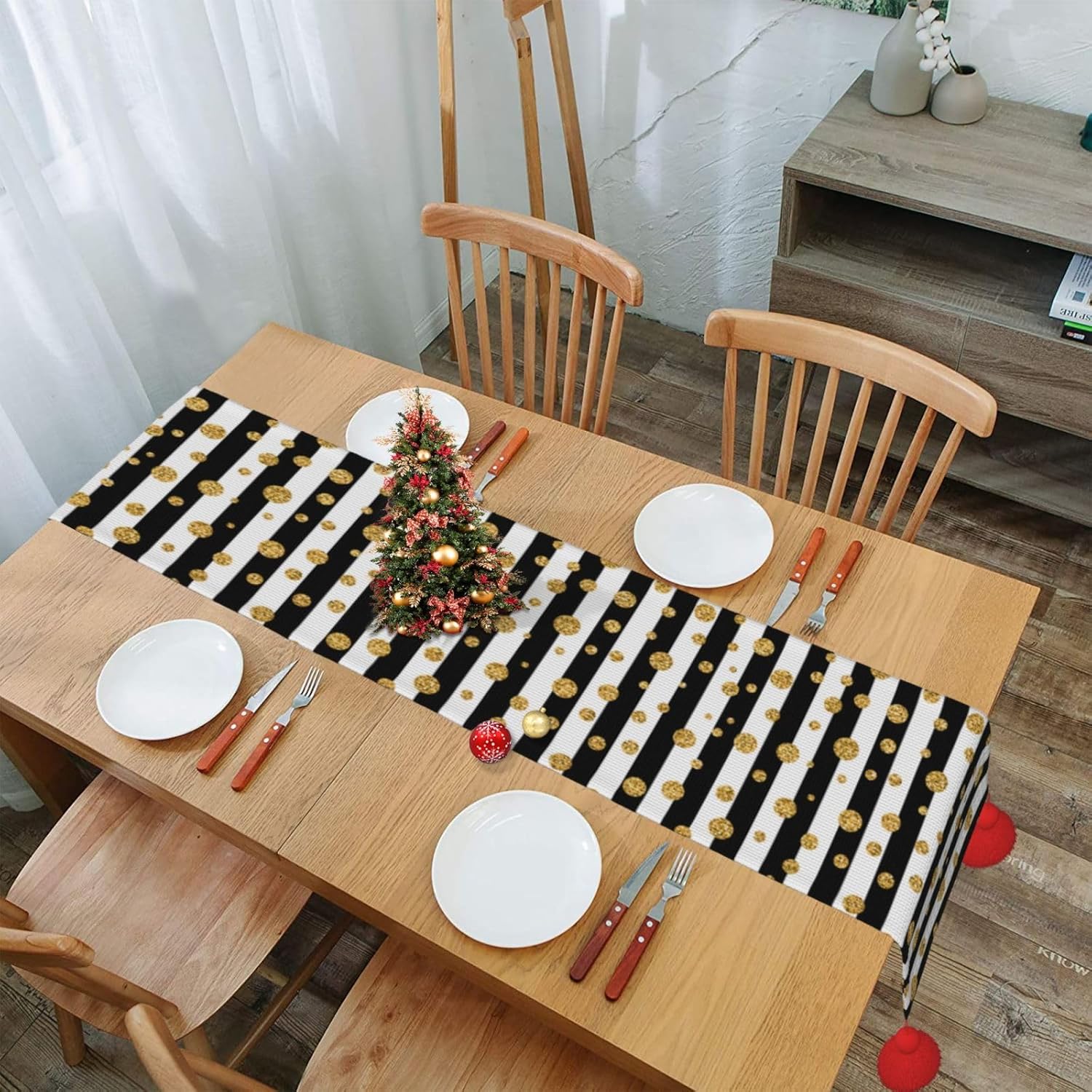 Striped Golden Polka Dots Christmas Table Runner Dining Table Decor Christmas Decorations Indoor Home Decor Christmas Table Runners Xmas Navidad